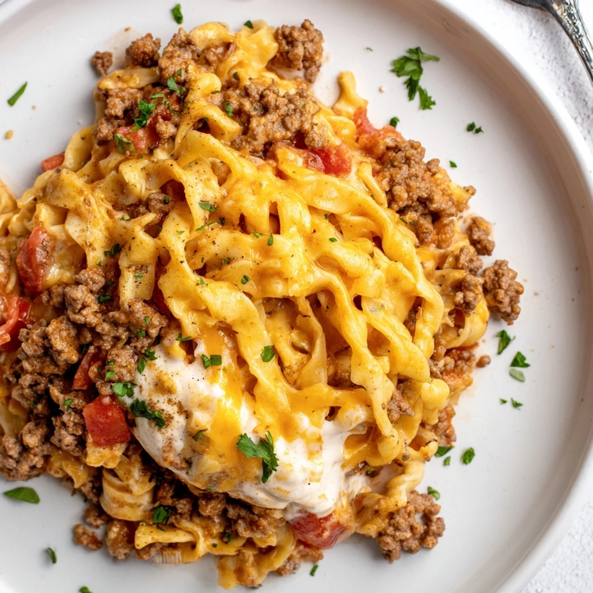 Warm Beef Noodle Casserole spooned into plates, steam rising, garlic bread