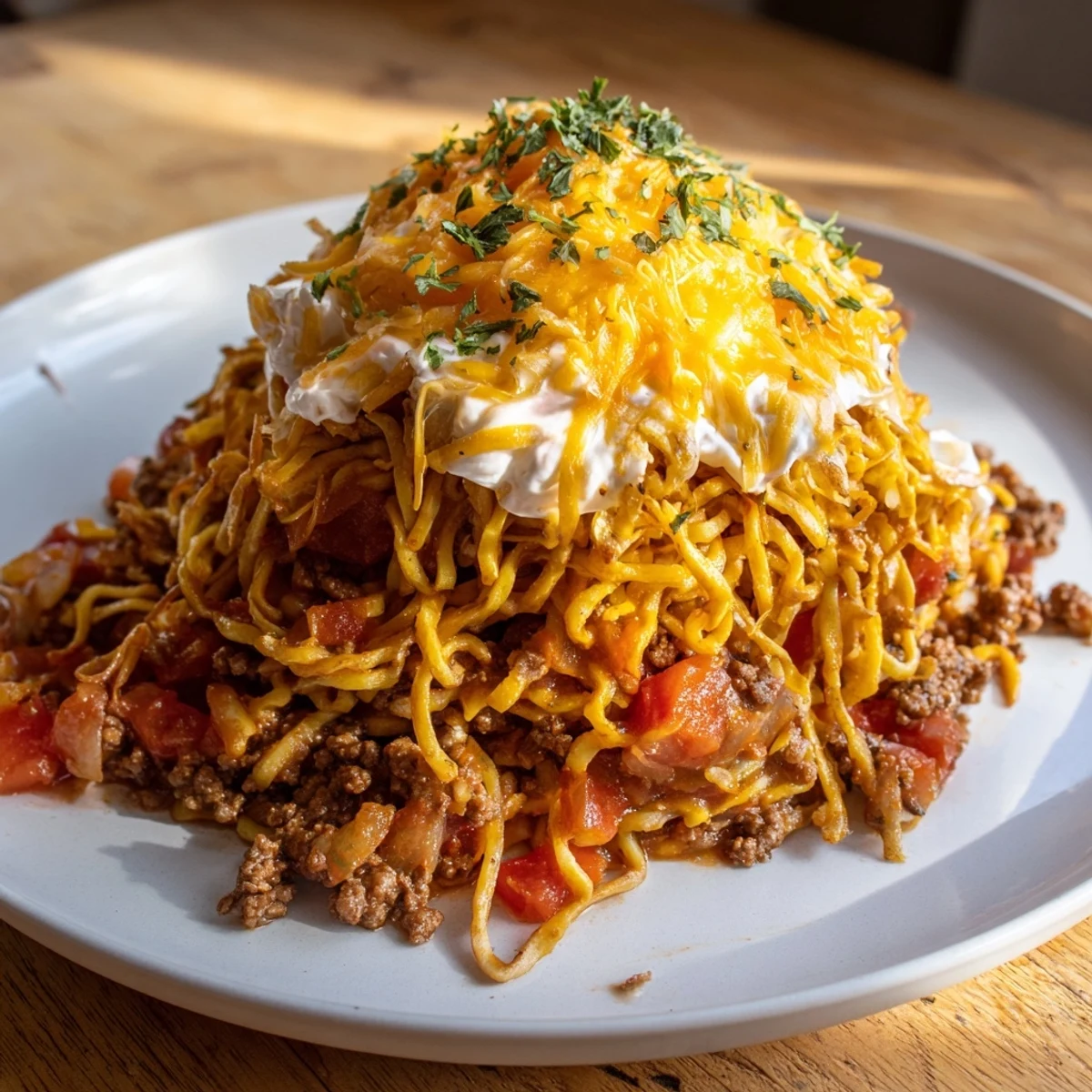 Beef Noodle Casserole bubbling with melted cheddar, golden edges, parsley garnish