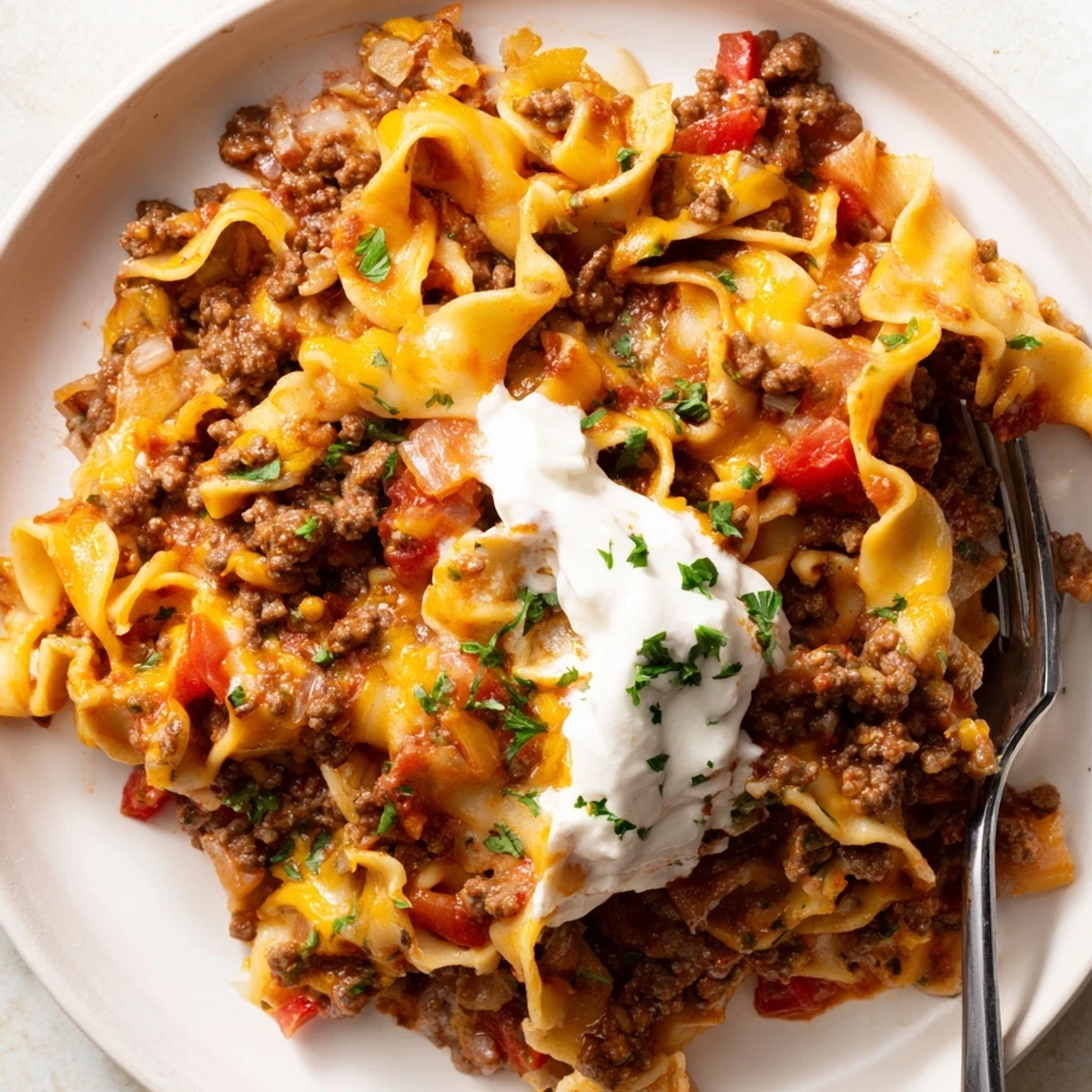 Hearty Beef Noodle Casserole with tender beef, rich tomato sauce aroma