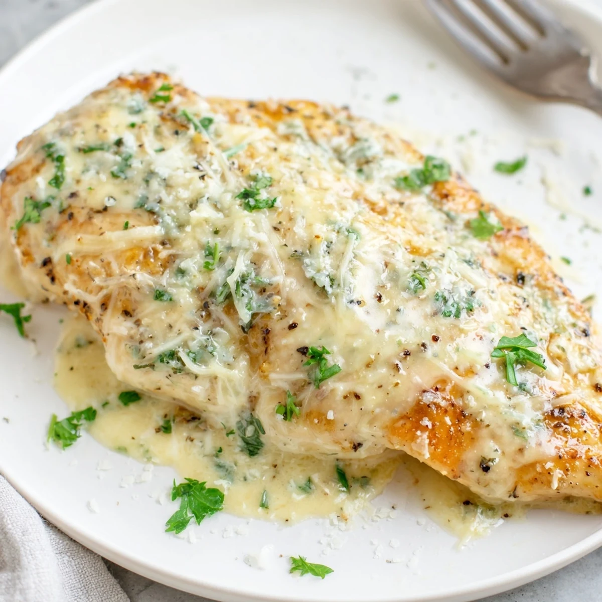 Warm, oven-baked Caesar Chicken Recipe resting in sauce, sprinkled with parsley.