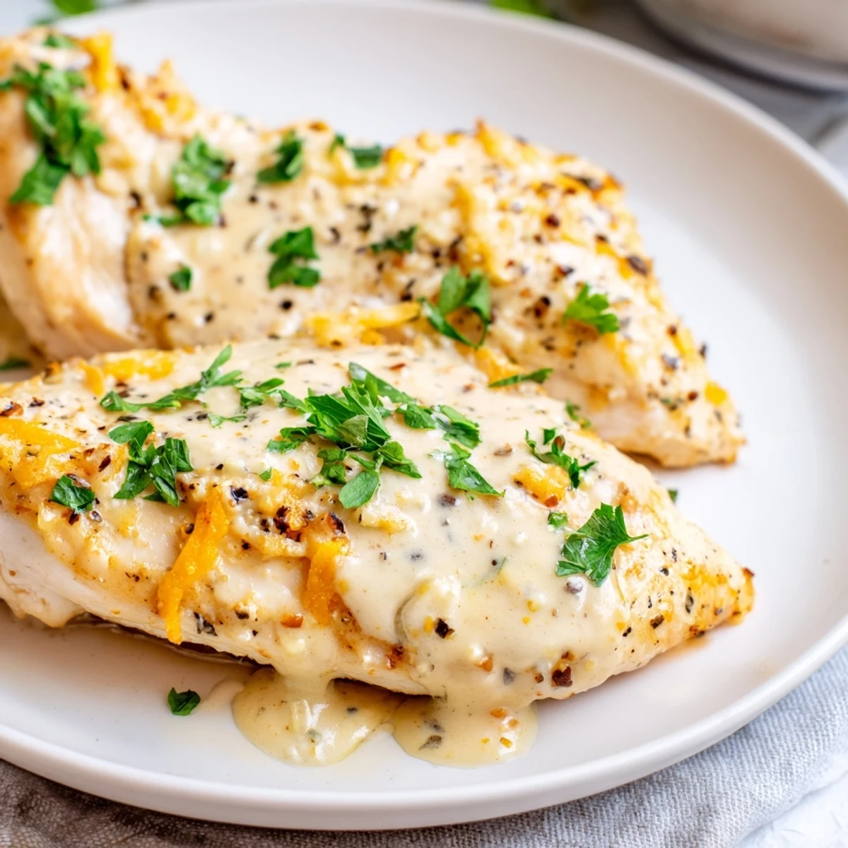 Caesar Chicken Recipe: golden-baked breasts in creamy sauce, parmesan crusted.