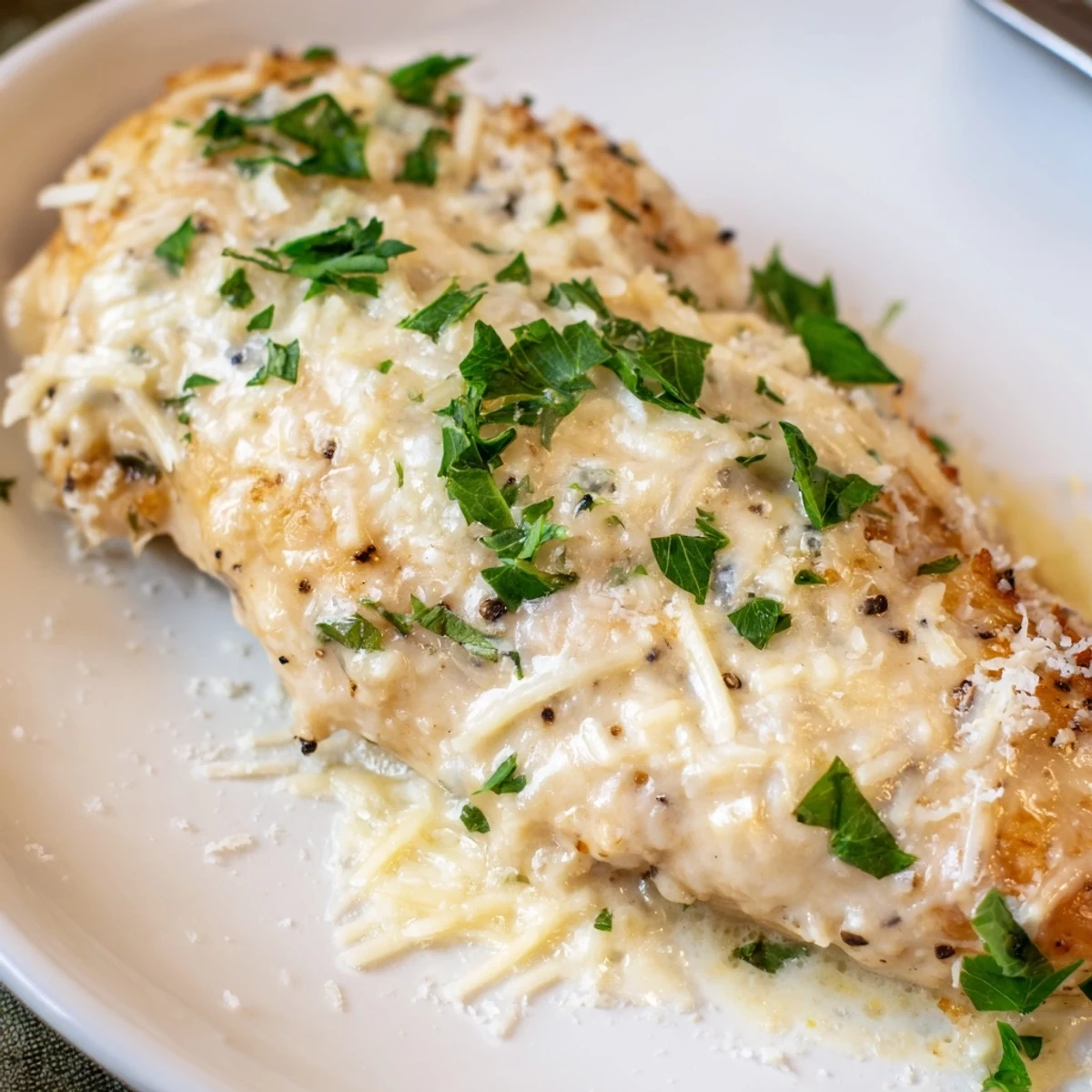 Slice-ready juicy breasts in Caesar Chicken Recipe, paired with crisp green salad.