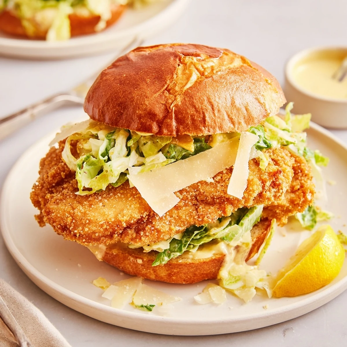 Crispy Chicken Caesar Sandwich Recipe with golden fried chicken, crunchy romaine, toasted brioche