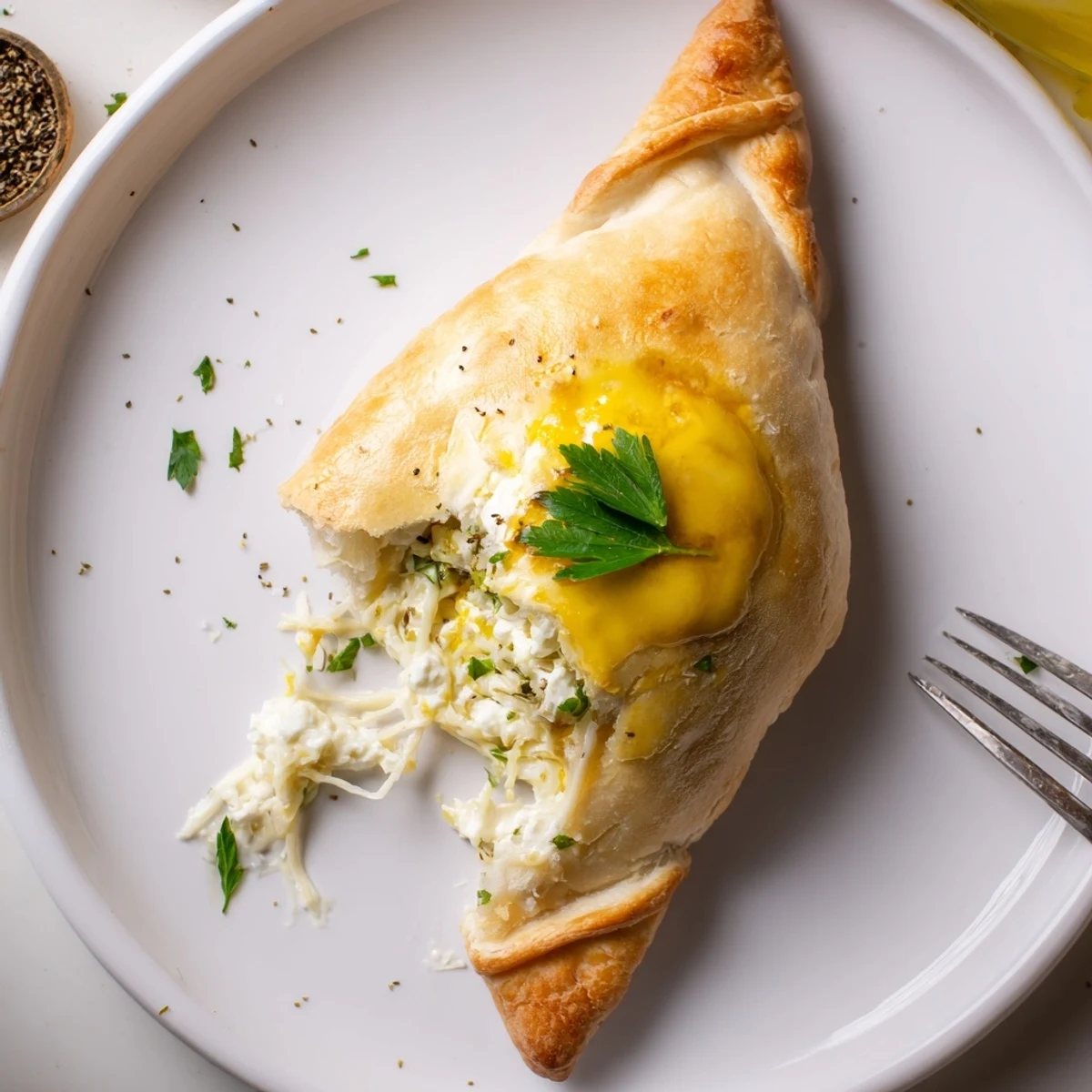 Cheese Fatayer Recipe served hot with fresh parsley and cool yogurt dip