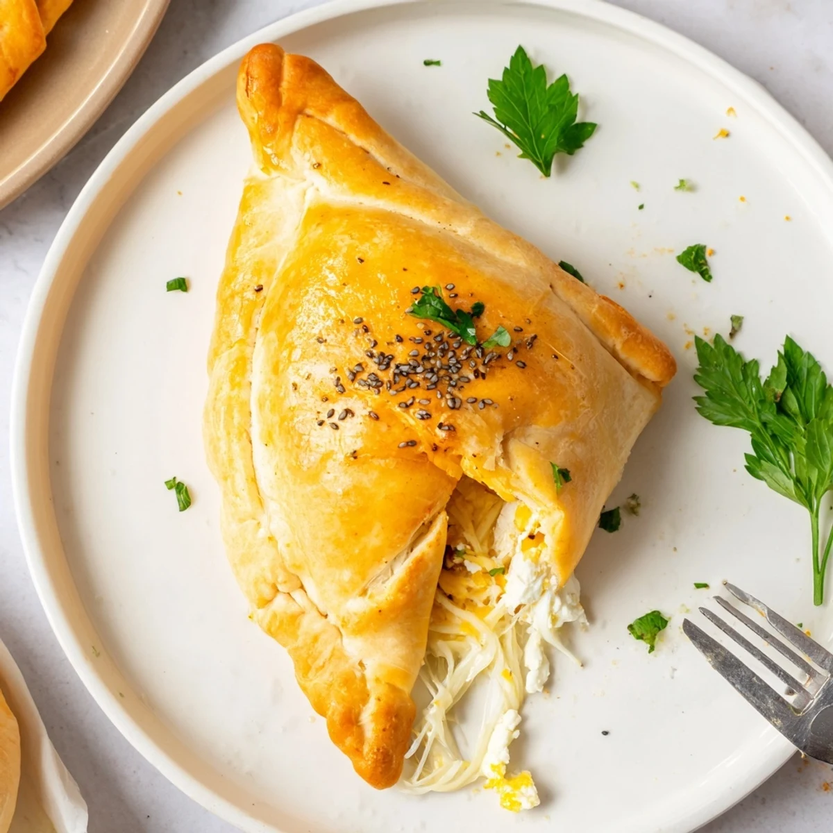 Cheese Fatayer Recipe on parchment, brushed glossy with egg yolk, aromatic sesame