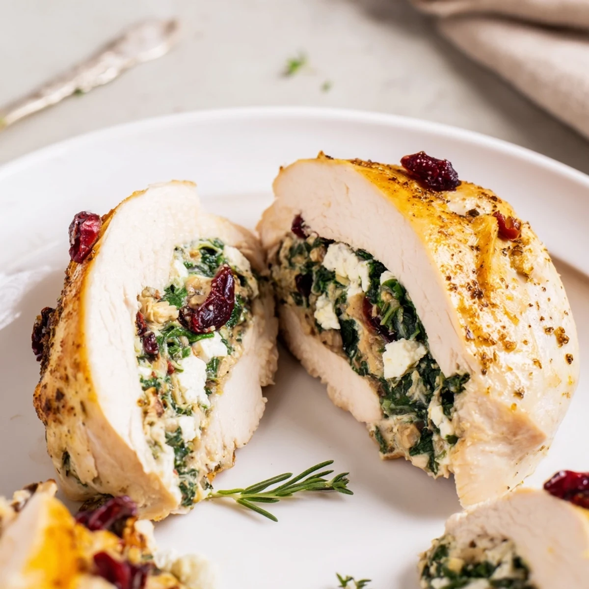Oven-baked Cranberry Spinach Stuffed Chicken Breasts bubbling golden, tart cranberries peeking
