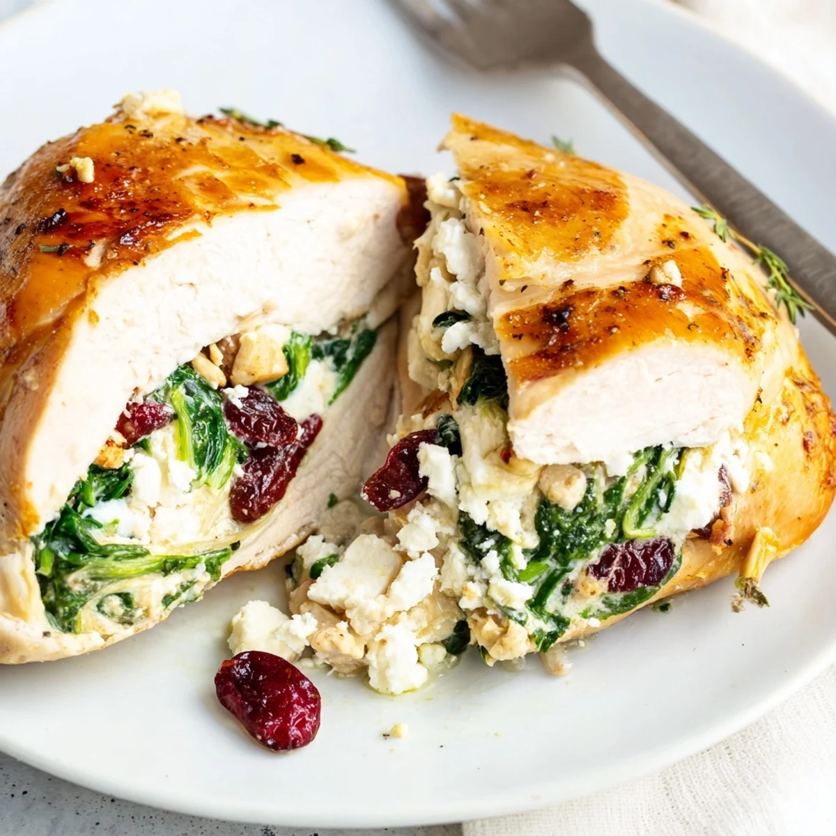 Cranberry Spinach Stuffed Chicken Breasts sliced, juicy filling glistening, served with roasted vegetables