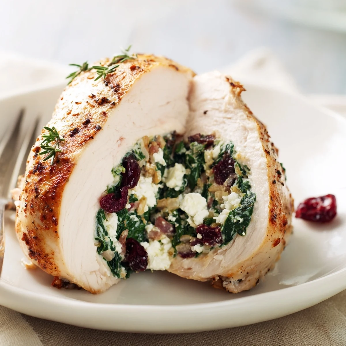 Herbed Cranberry Spinach Stuffed Chicken Breasts resting on plate, creamy cheese oozing