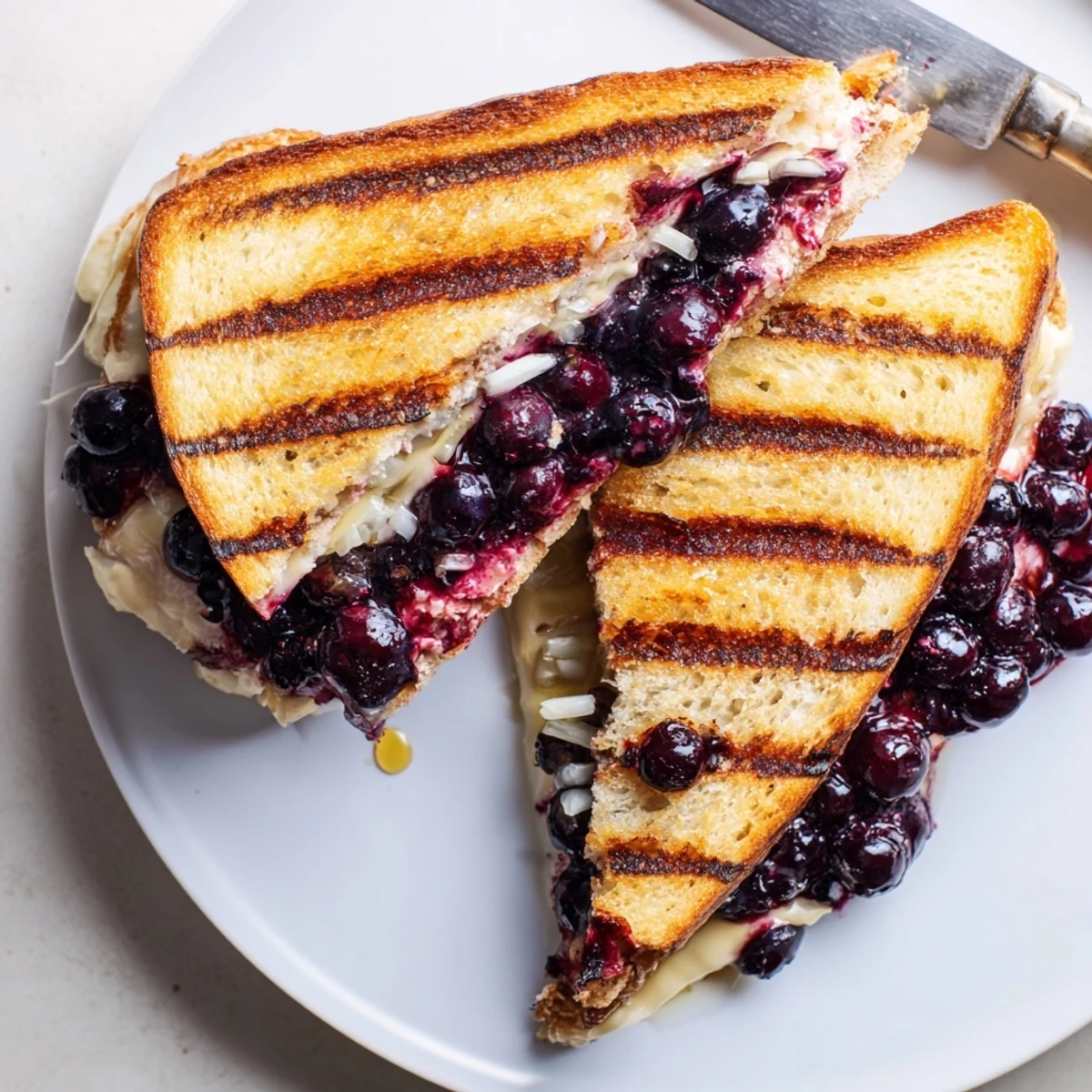 Juicy Blueberry Grilled Cheese sizzling golden, melted cheese oozing, blueberries bursting  