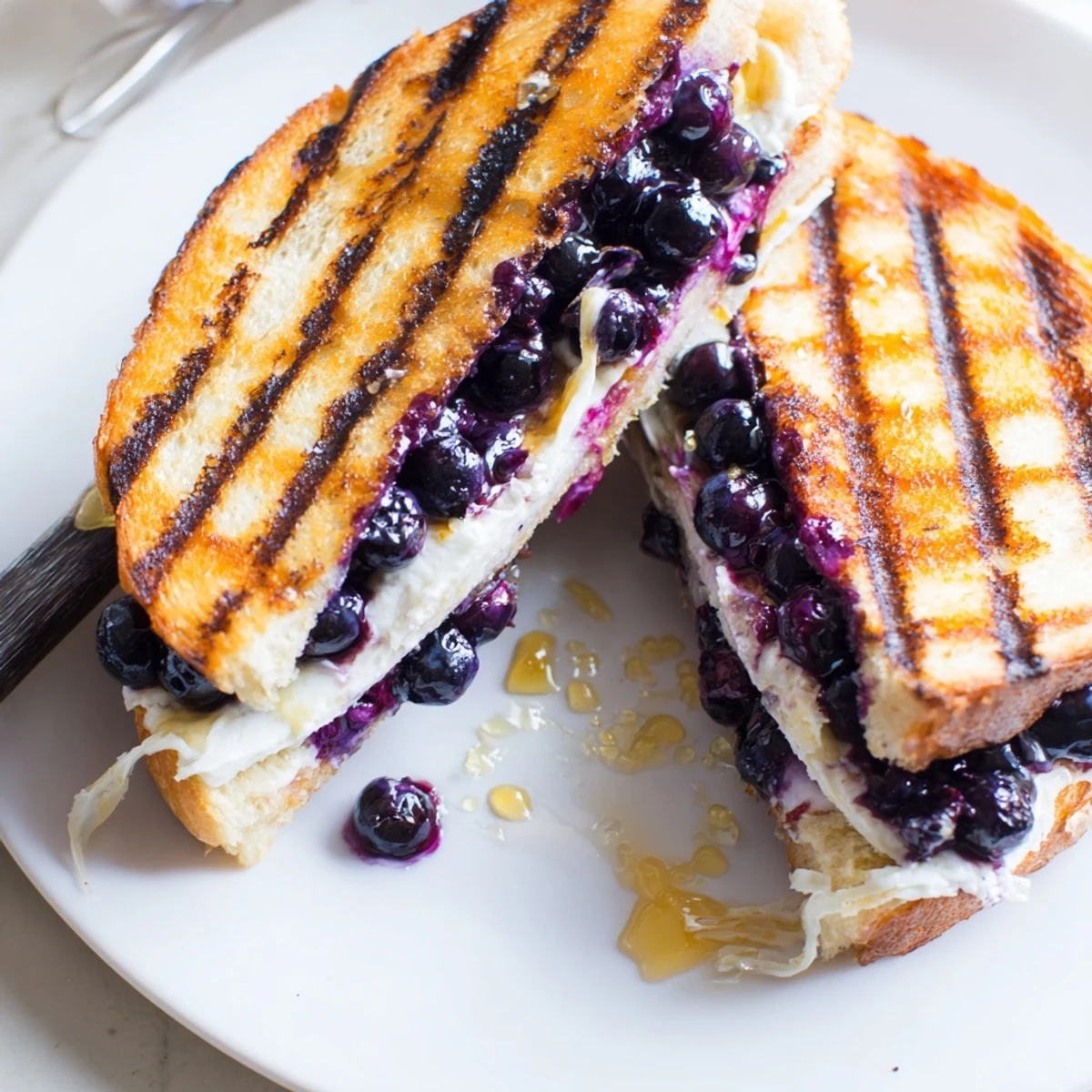 Crisp-buttered Juicy Blueberry Grilled Cheese on plate, suggested with tomato soup