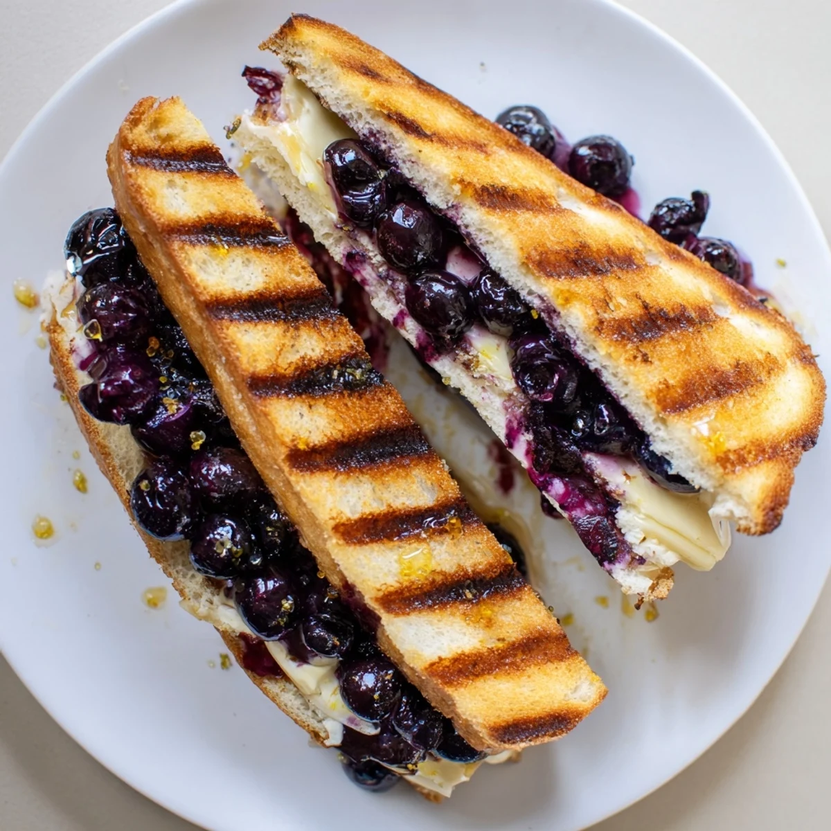 Warm Juicy Blueberry Grilled Cheese sliced, creamy cheese stretching between halves  