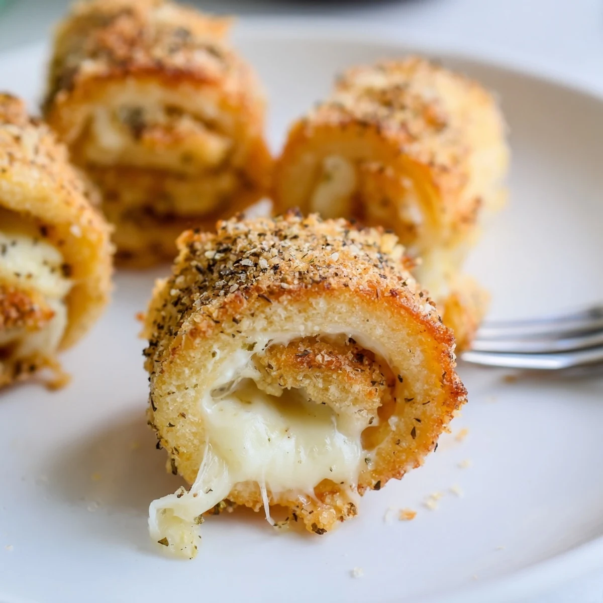 Baked Crispy Cheesy Roll Ups, crunchy edges and gooey mozzarella inside
