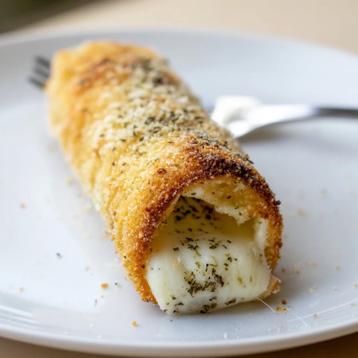 Pan-fried Crispy Cheesy Roll Ups on parchment, sprinkled Parmesan and herbs