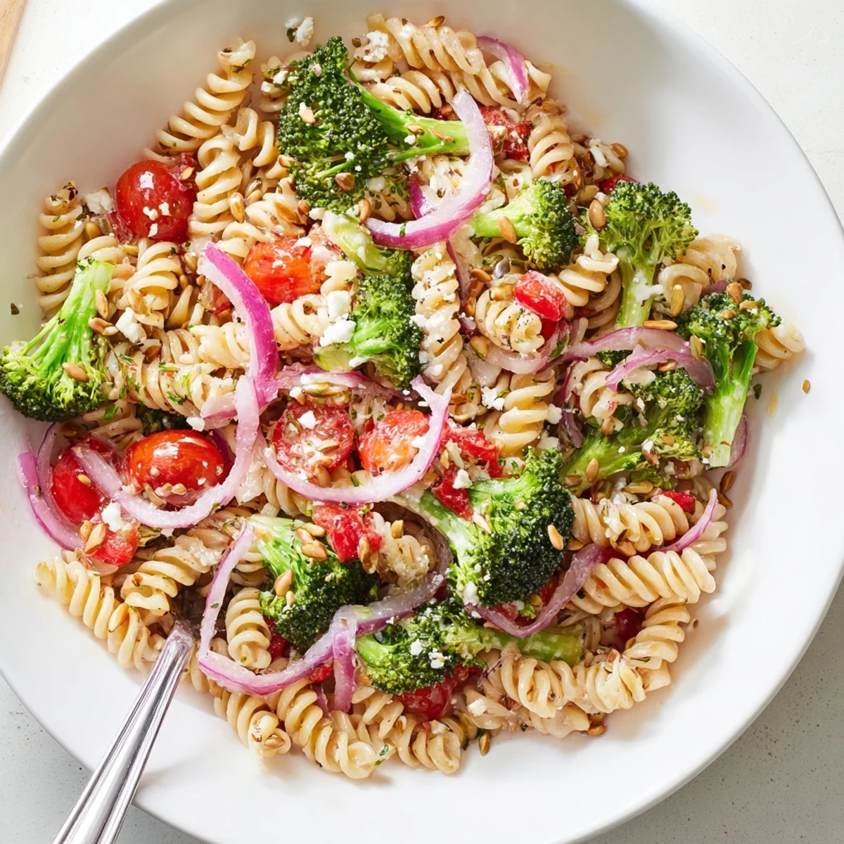 Chilled Broccoli Pasta Salad studded with cherry tomatoes, feta, and crunchy seeds