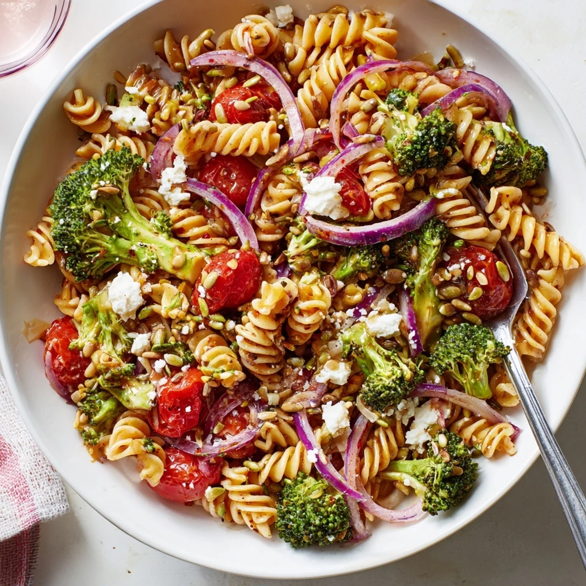 Broccoli Pasta Salad with tender florets and al dente rotini, bright dressing