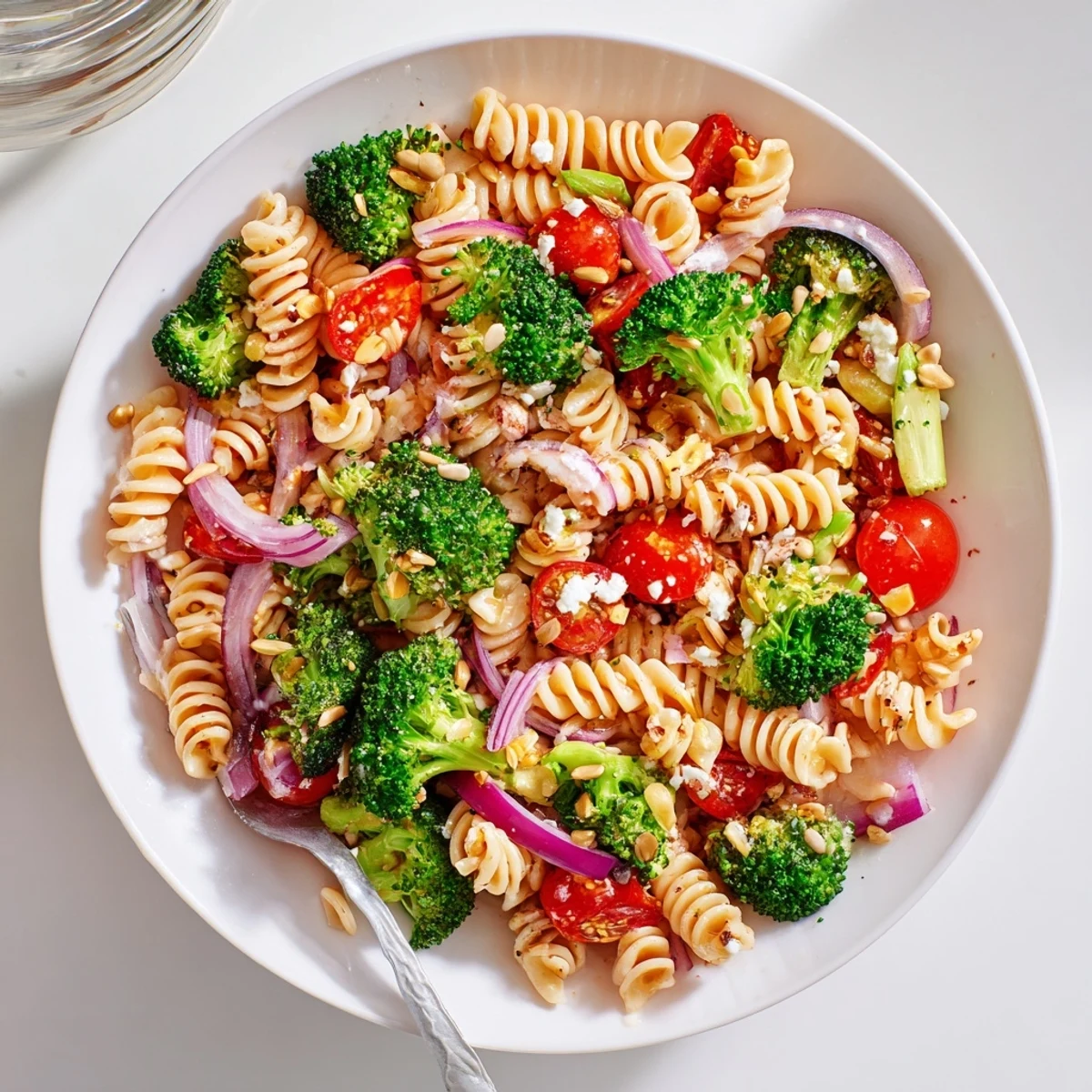 Picnic-ready Broccoli Pasta Salad with vibrant green broccoli, red tomatoes, zesty dressing