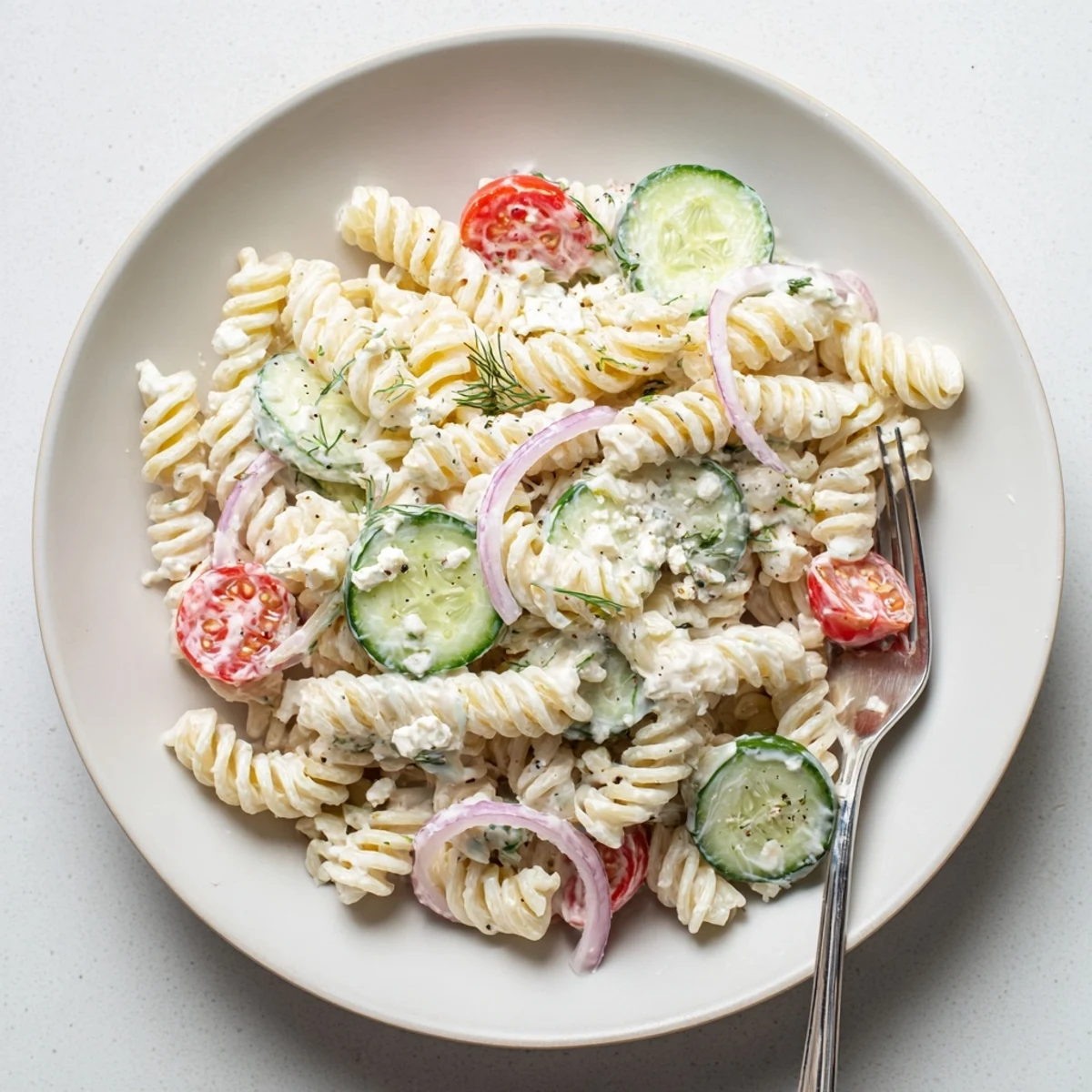 Cucumber Pasta Salad with creamy dill dressing, served in a cool bowl for picnics