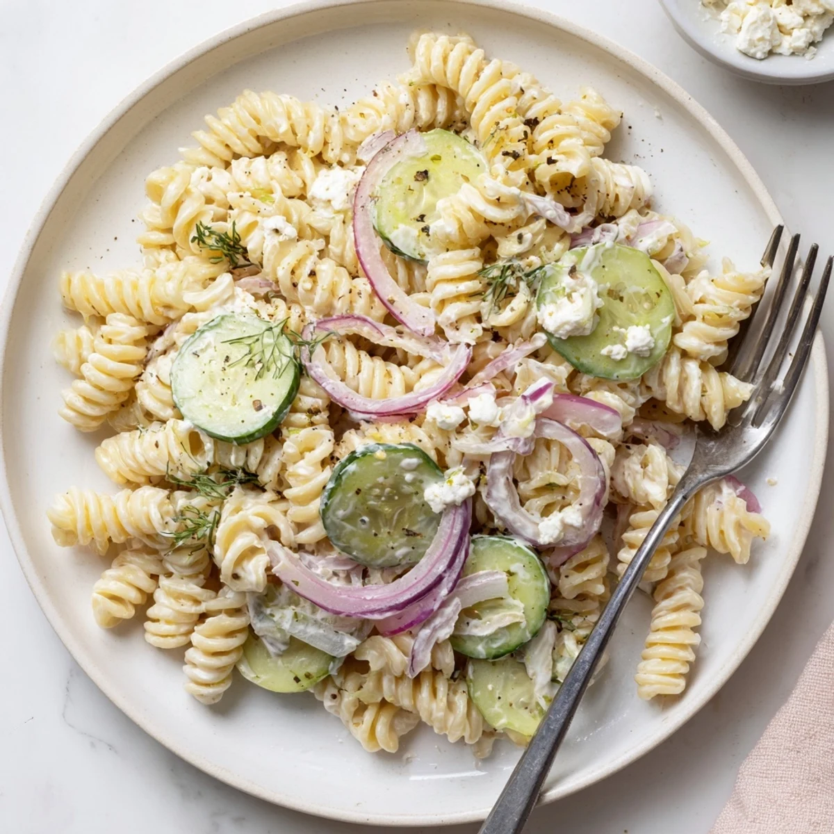 Refreshing Cucumber Pasta Salad studded with crisp cucumbers, cherry tomatoes, feta