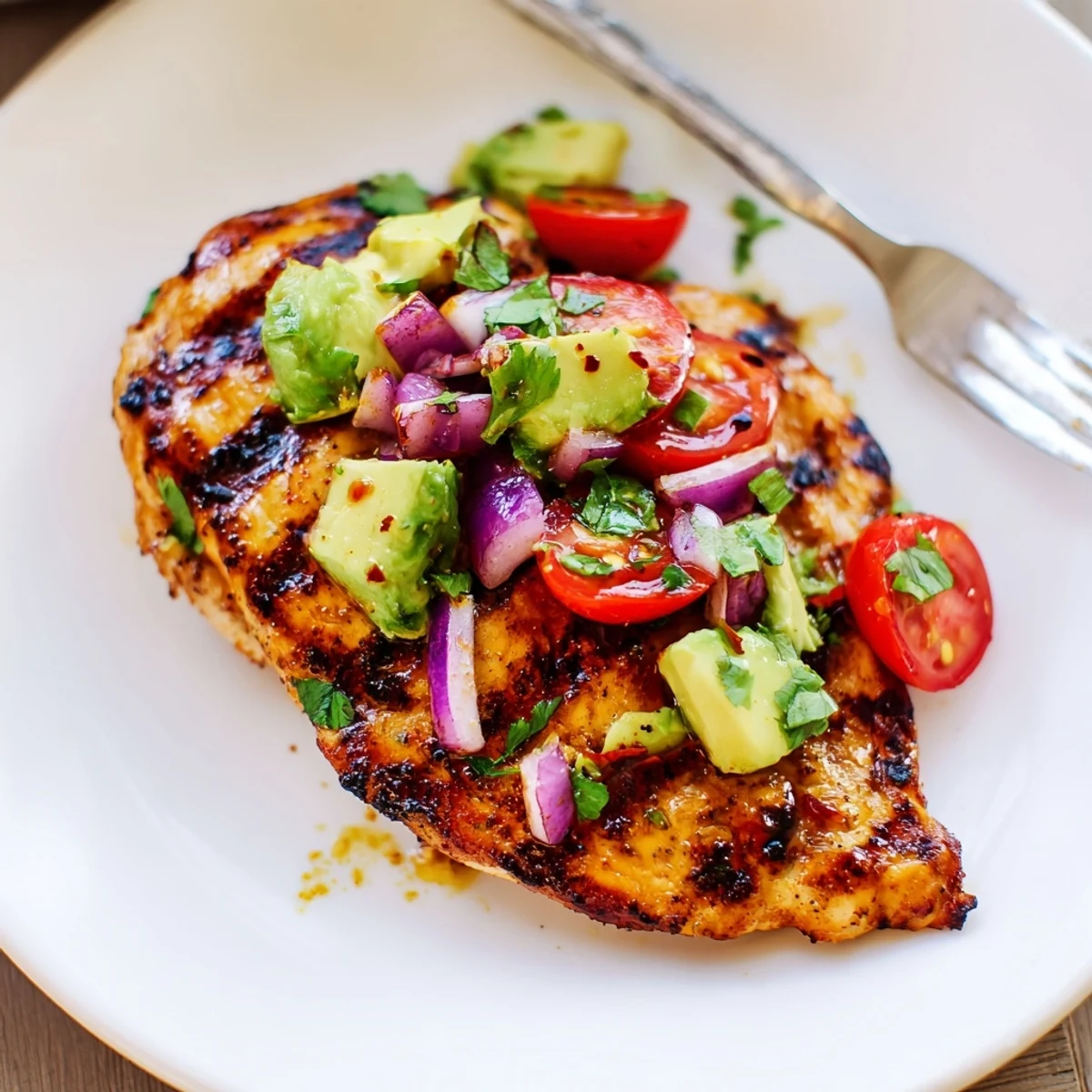Grilled Fiesta Lime Chicken With Avocado topped with bright cilantro and lime wedges