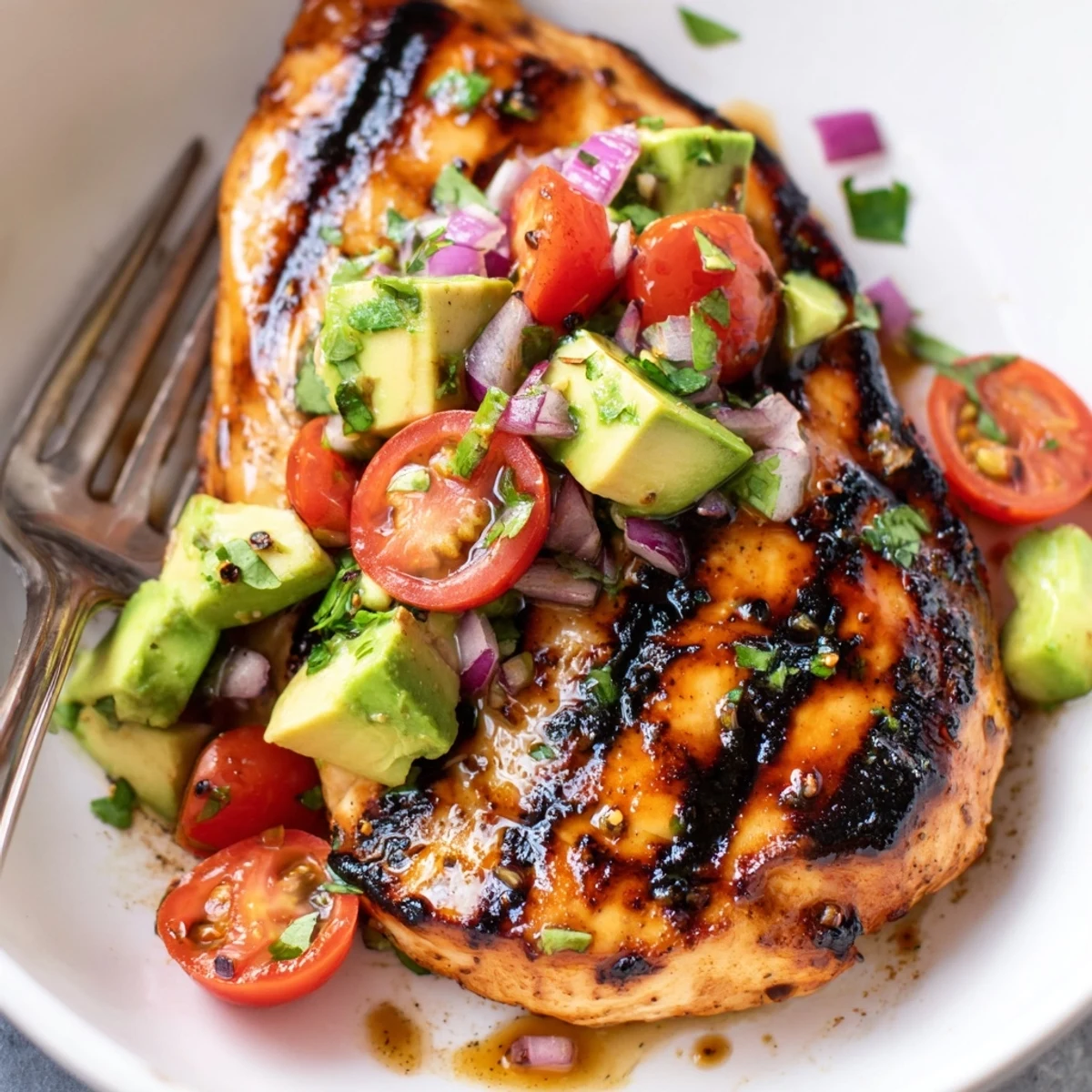 Charred Fiesta Lime Chicken With Avocado garnished with diced tomatoes, red onion