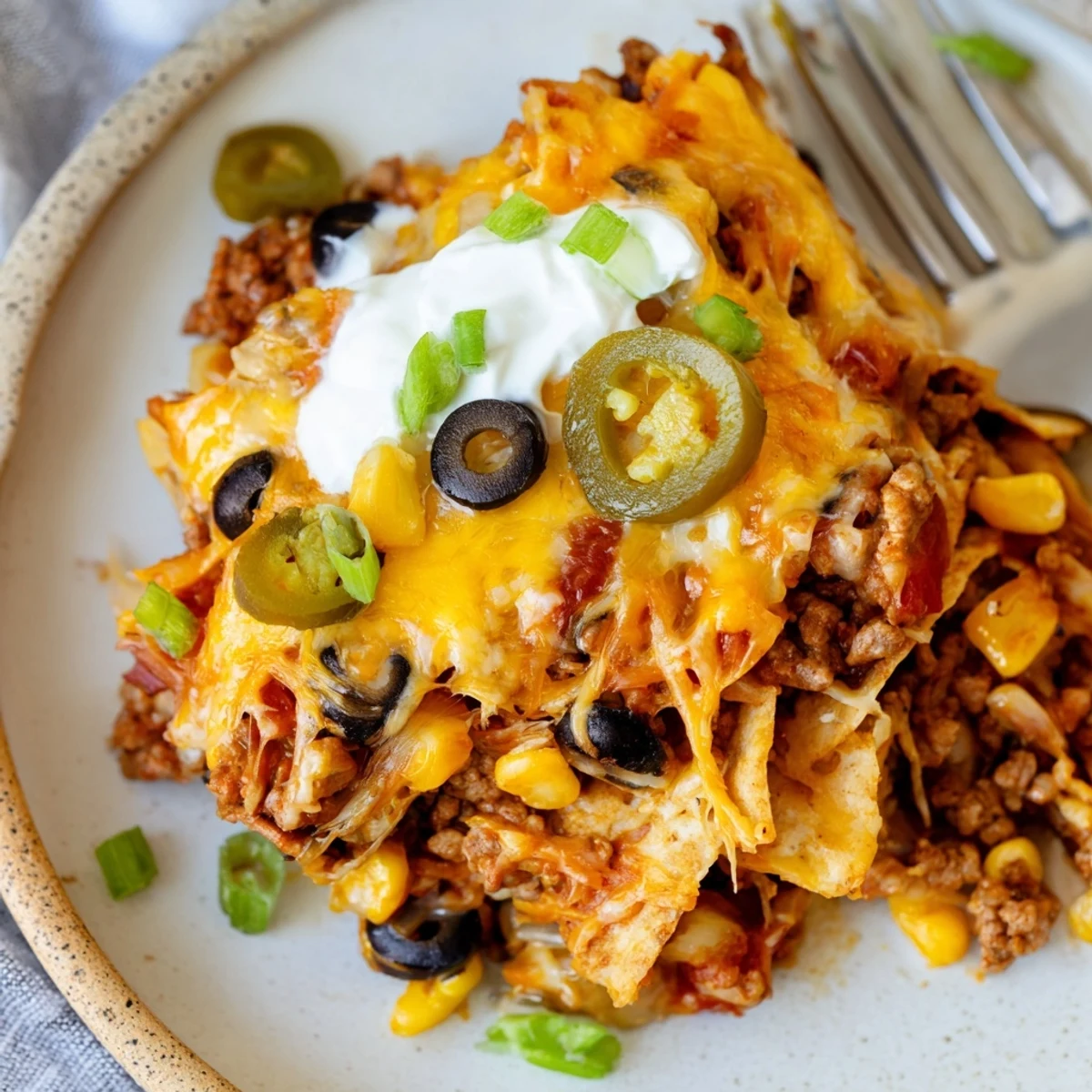 Bubbling Cheesy Nacho Casserole topped with cilantro, green onions, sliced jalapeños