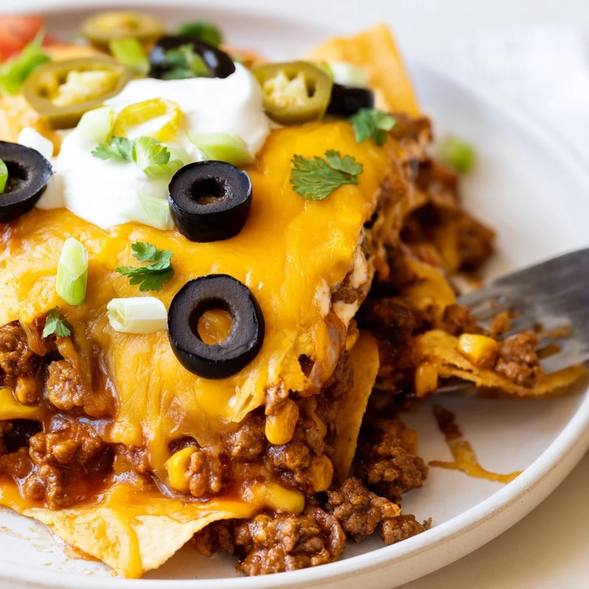 Golden, gooey Cheesy Nacho Casserole layered with crunchy chips and beef