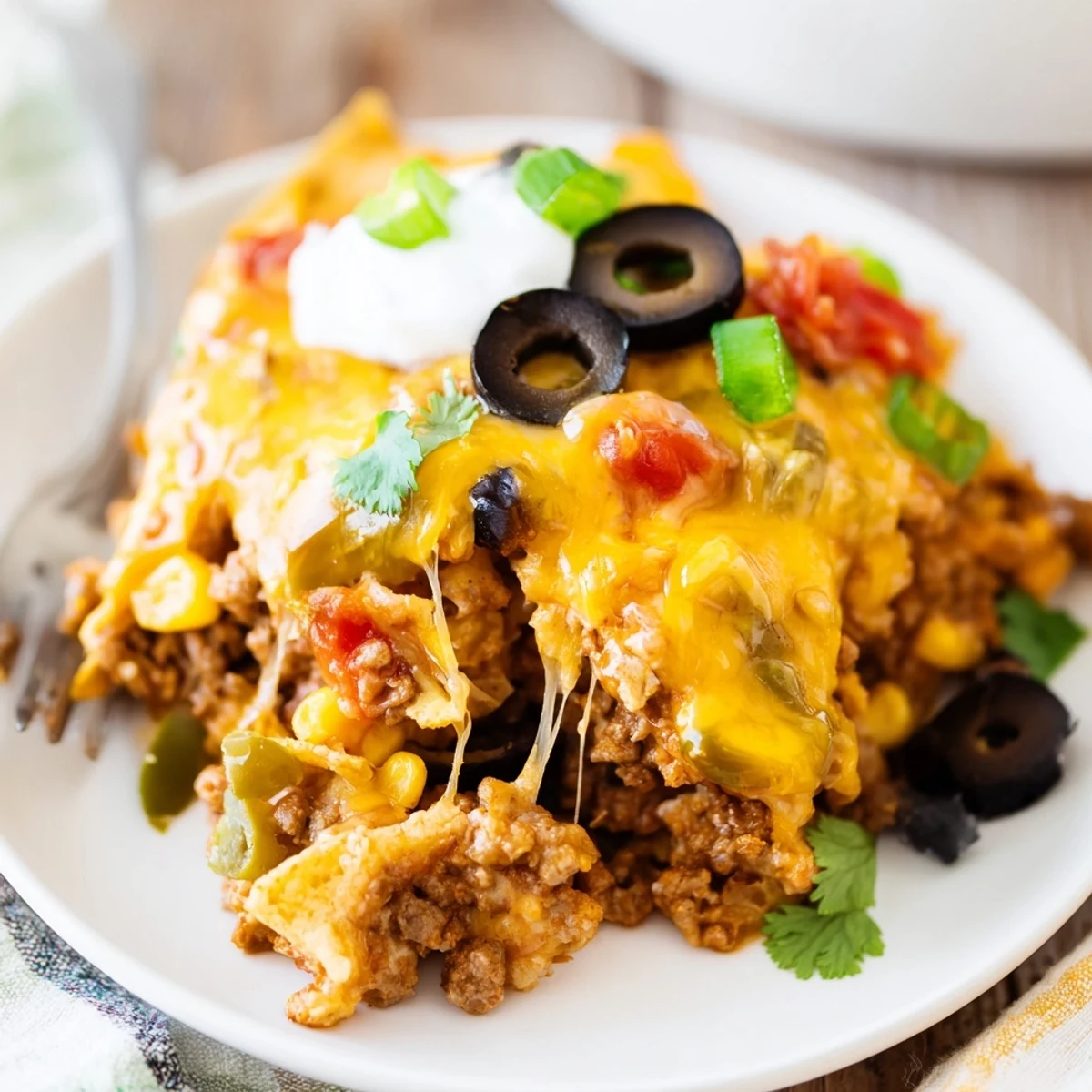 Family-style Cheesy Nacho Casserole fresh from oven, served with salsa and guacamole