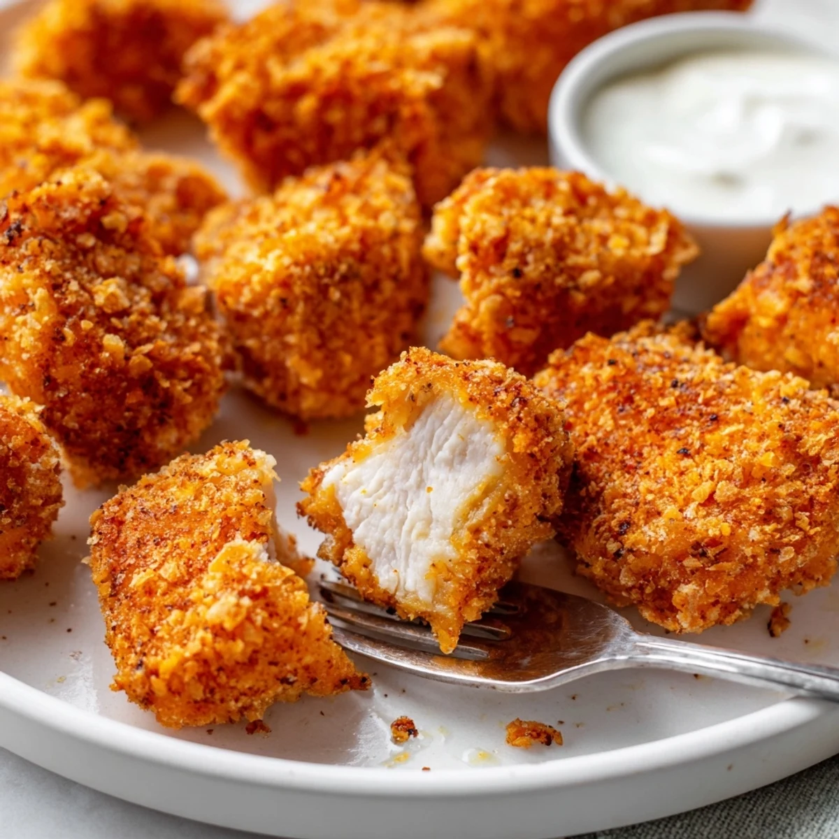 Crispy golden Chicken Bites piled on a plate with ranch dip