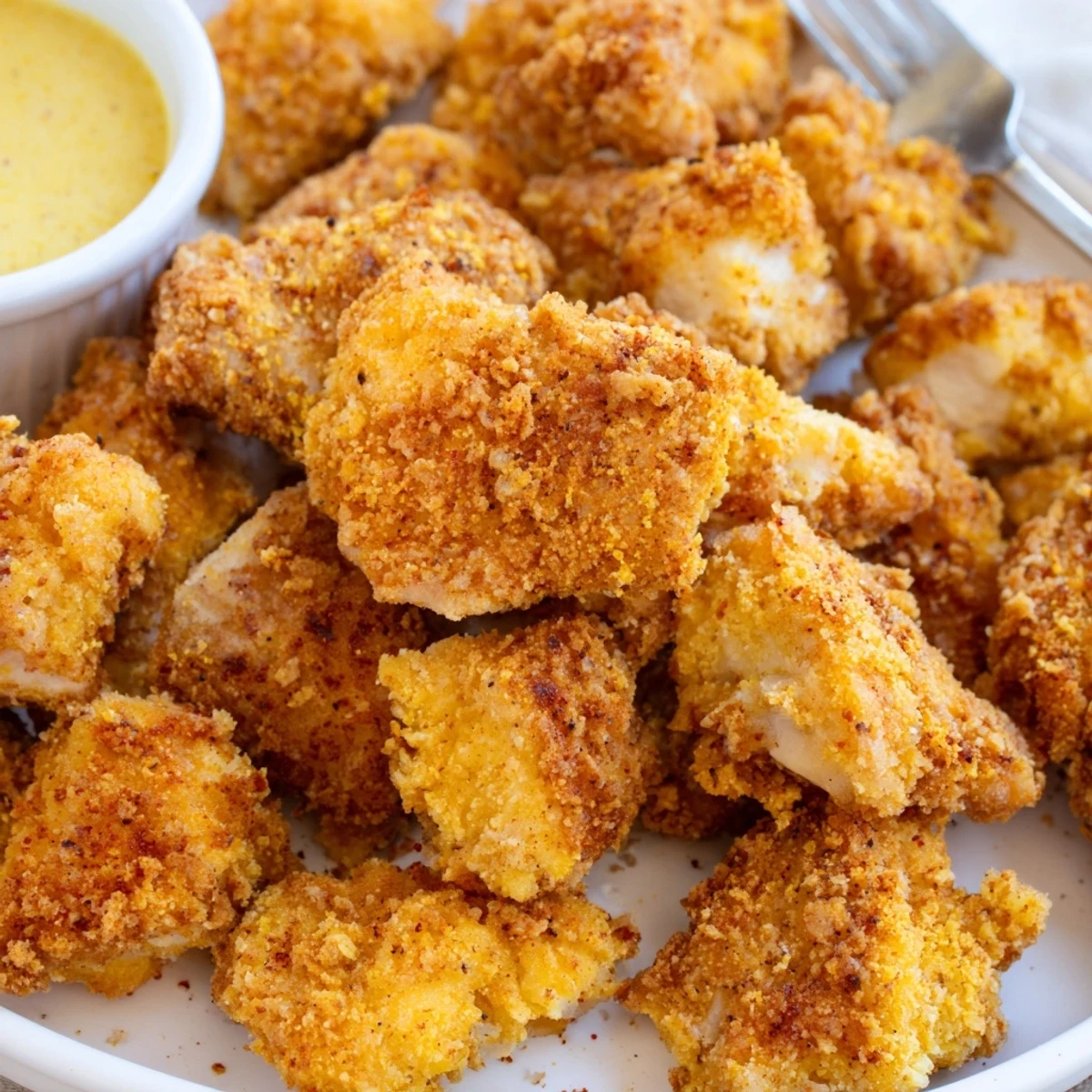 Airy steam rising from freshly fried Chicken Bites served hot