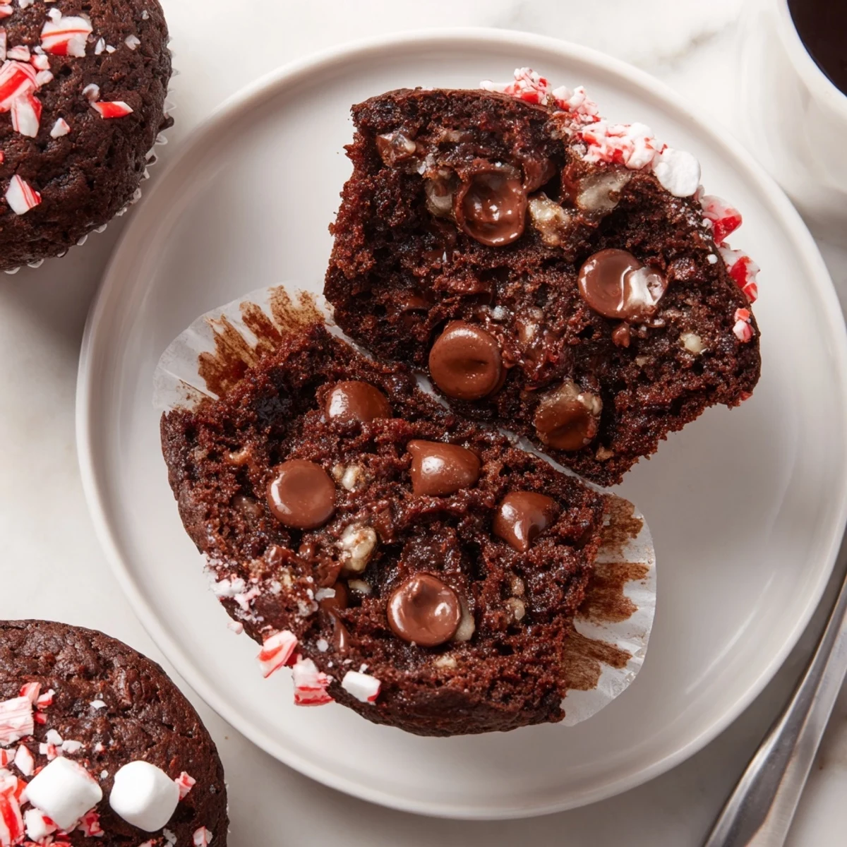 Warm Peppermint Hot Chocolate Muffins served with whipped cream and cozy hands reaching