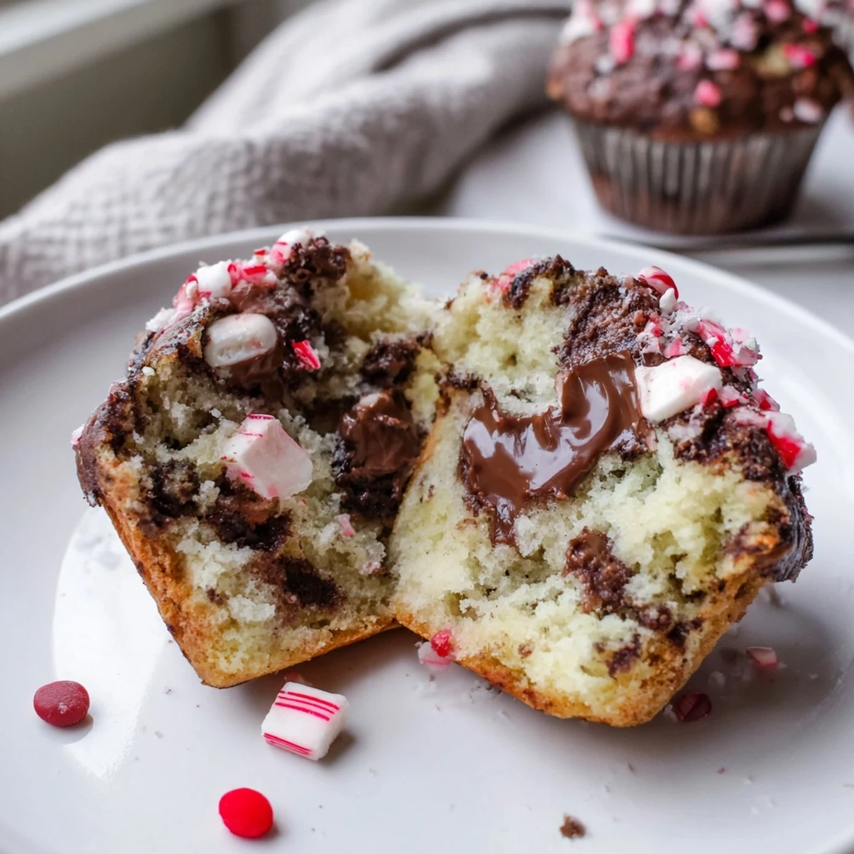 Freshly baked Peppermint Hot Chocolate Muffins topped with crushed peppermint and gooey chips  