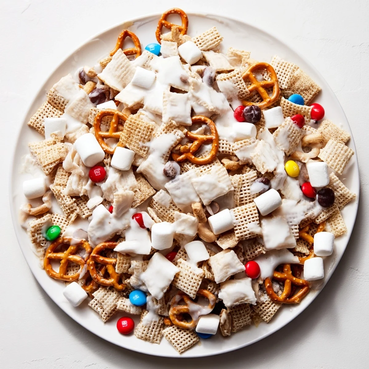 White Trash Snack Mix piled on parchment, glossy white chocolate coating