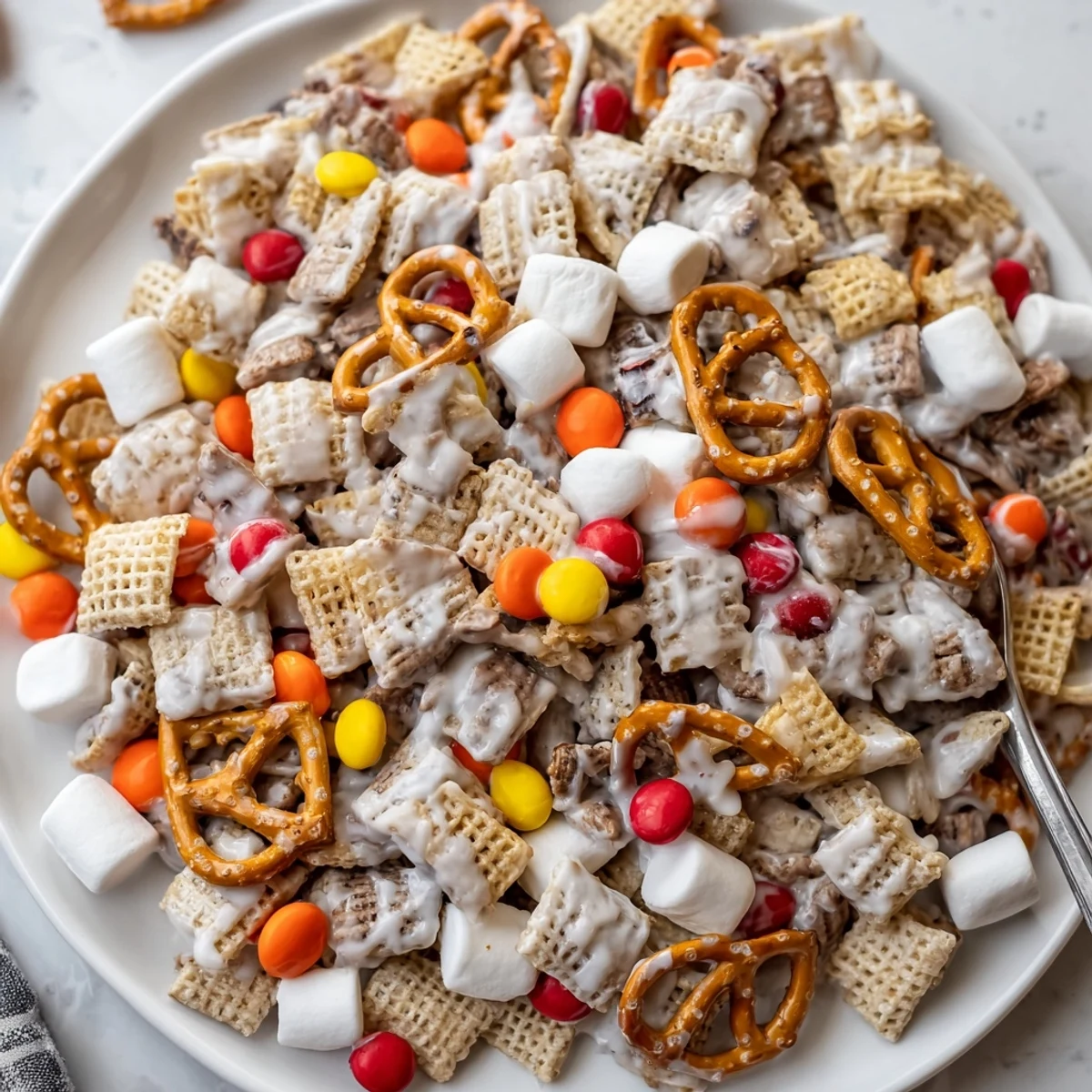 Bowl of White Trash Snack Mix with crunchy pretzels and marshmallows