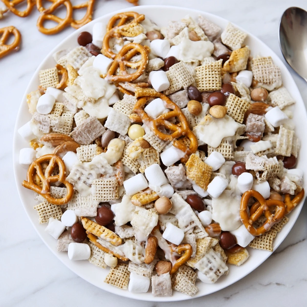 White Trash Snack Mix spread on baking sheet, glossy, ready to serve