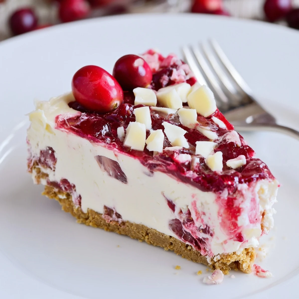 Creamy No Bake Cranberry White Chocolate Cheesecake with glossy cranberry topping and cookie crust
