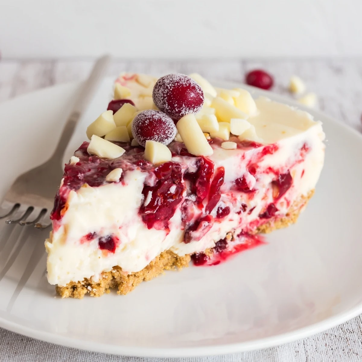 Chilled No Bake Cranberry White Chocolate Cheesecake garnished with delicate white chocolate shavings