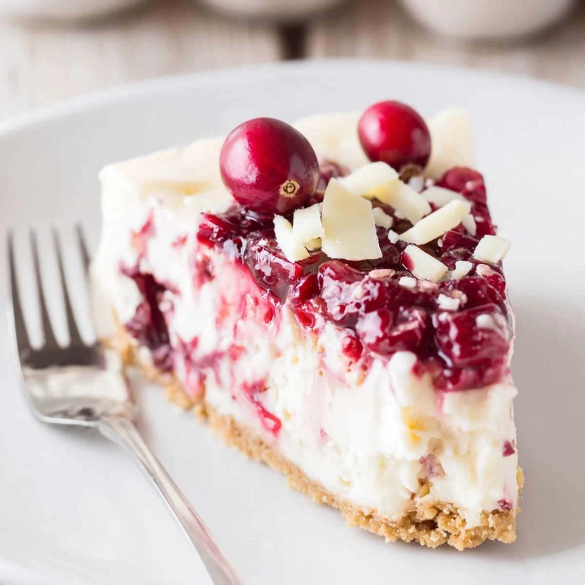 Slice of No Bake Cranberry White Chocolate Cheesecake on plate, tart and sweet cranberries