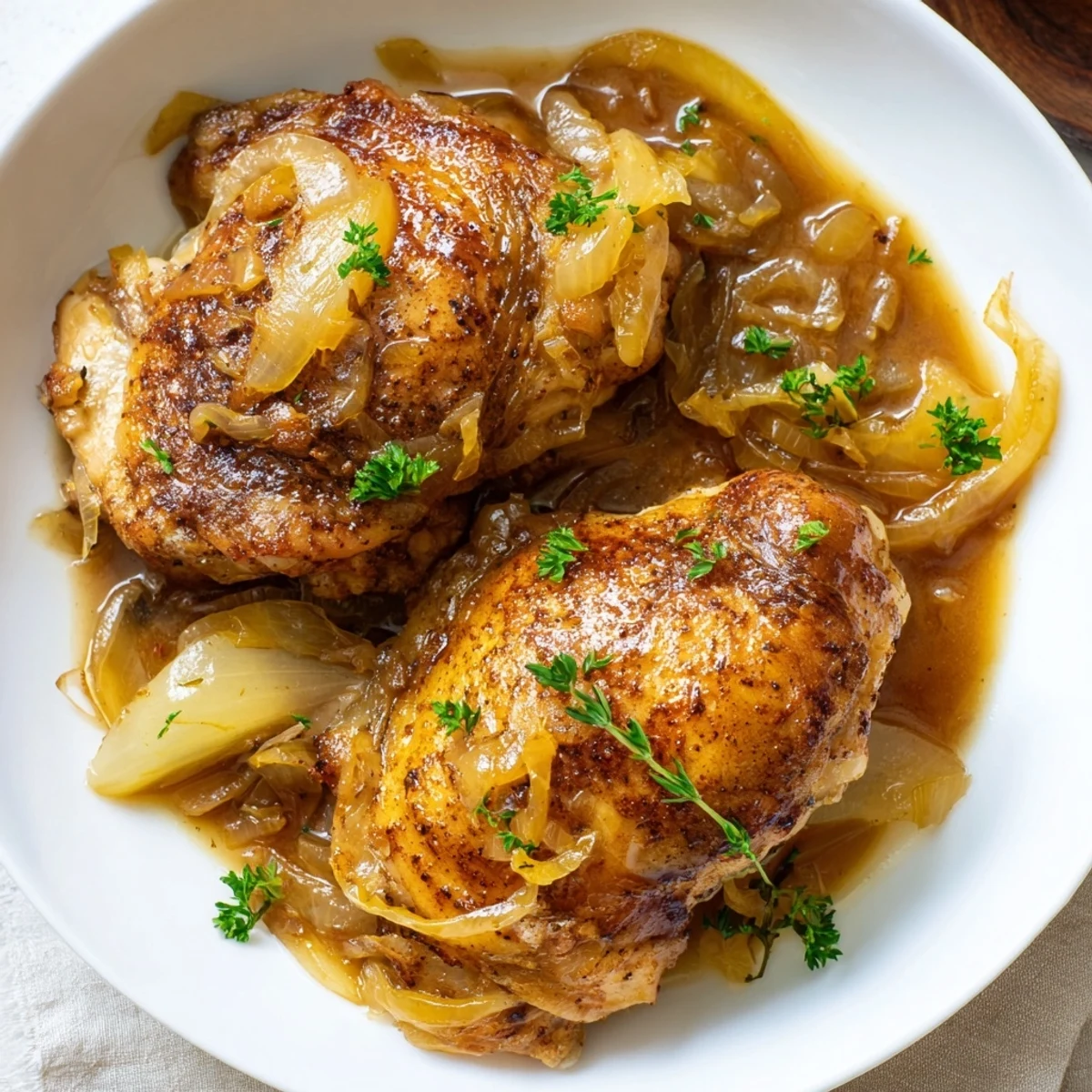 Savory Smothered Chicken Thighs in Rich Gravy, golden seared skin, steaming.