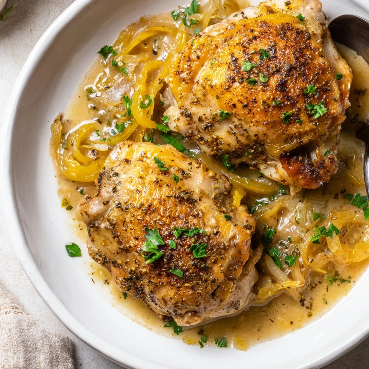 Hearty plate of Savory Smothered Chicken Thighs atop creamy mashed potatoes, fragrant.