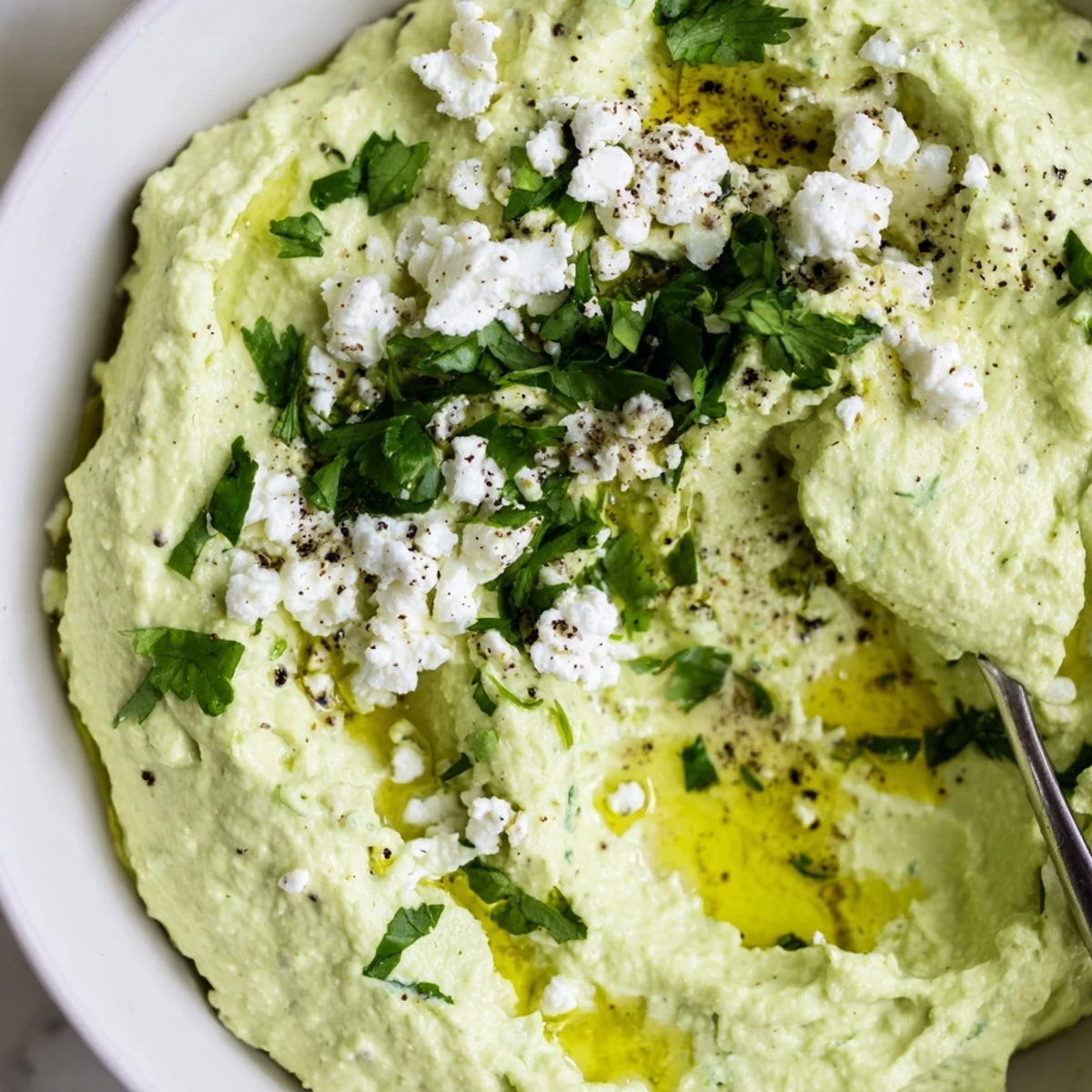 Bowl of Creamy Avocado Feta Dip topped with crumbled feta and cilantro