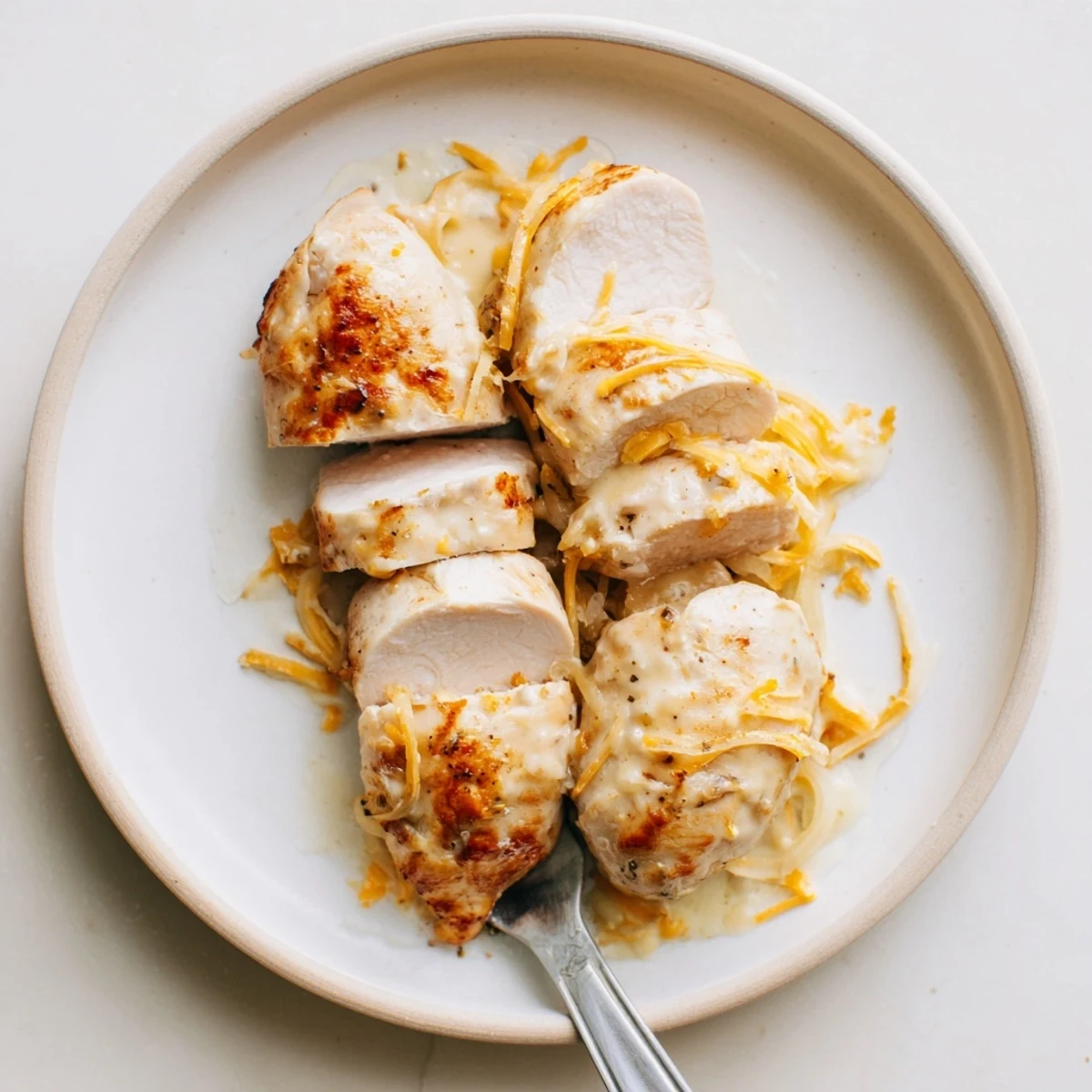 Sliced Chicken with Cheese Sauce draped in silky cheddar, steaming on plate.