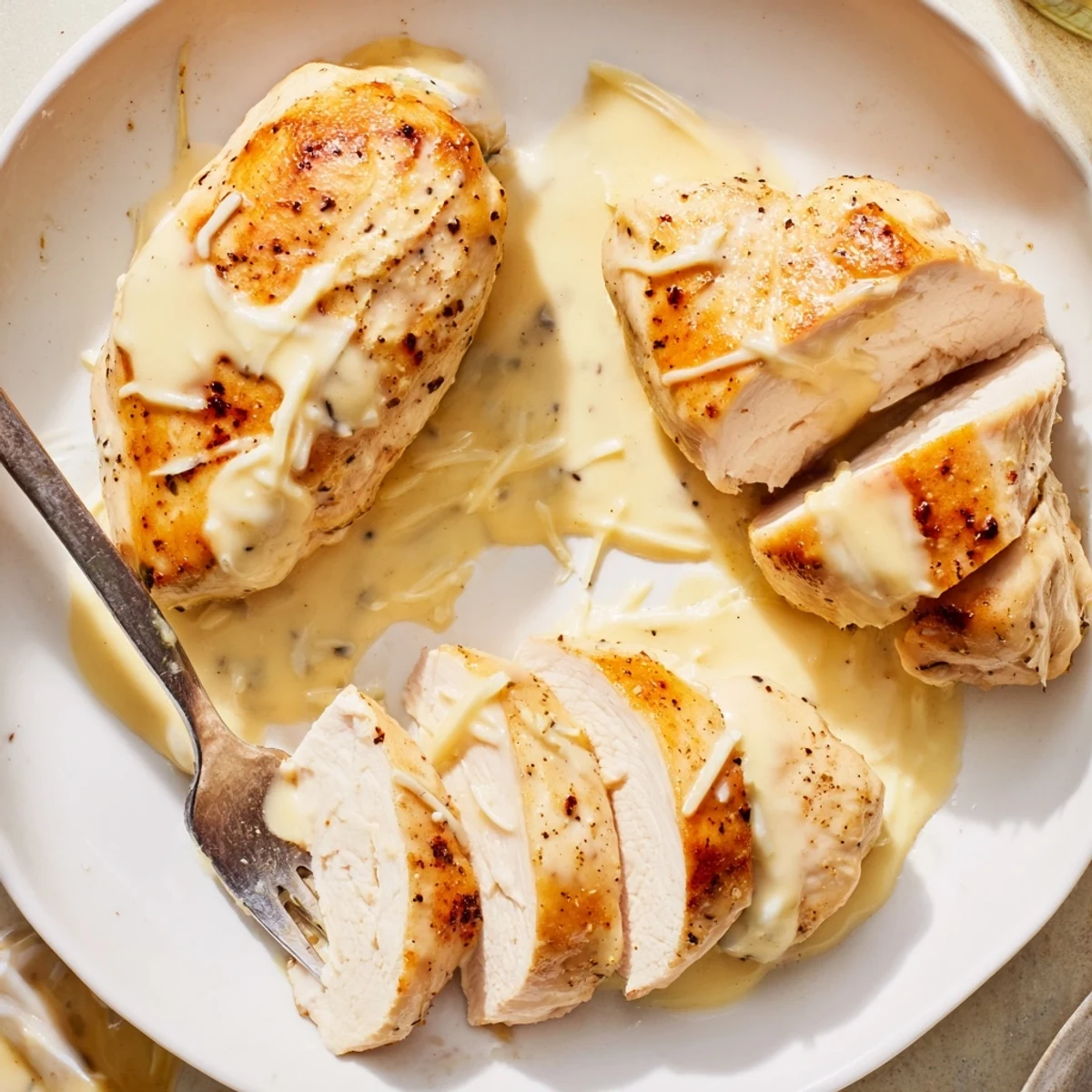 Crispy-seared Chicken with Cheese Sauce topped with Parmesan, served with broccoli.