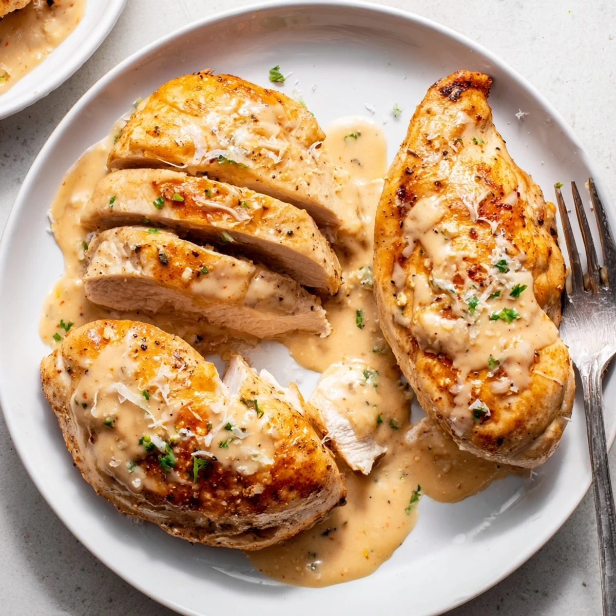Oven-baked Chicken with Cheese Sauce spooned over breasts, creamy and golden.
