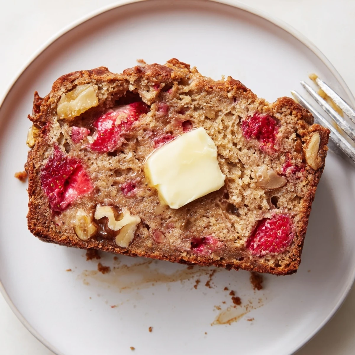 Warm slice of Strawberry Banana Bread Recipe with golden crust and sweet aroma
