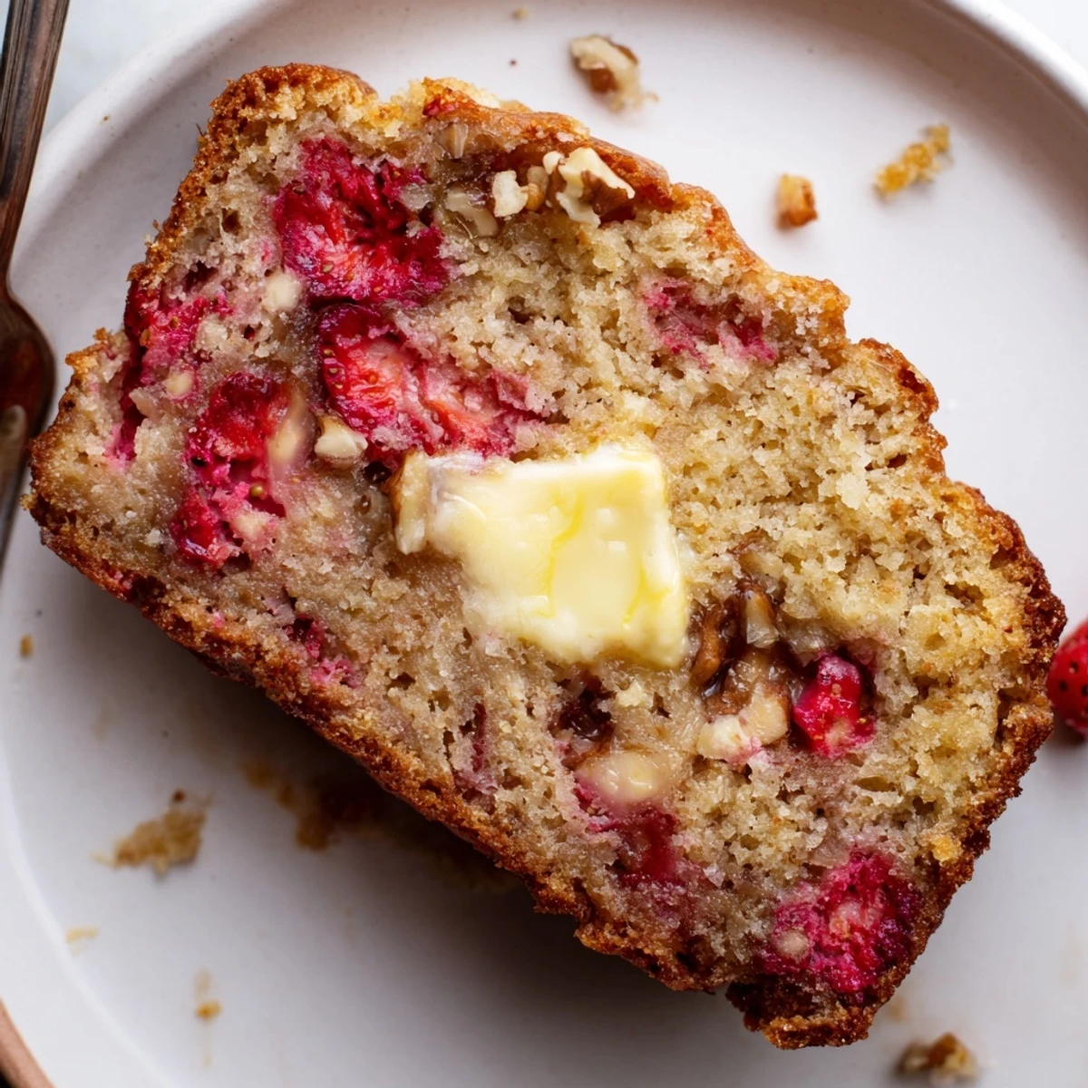Loaf of Strawberry Banana Bread Recipe cooling on rack, ready to slice