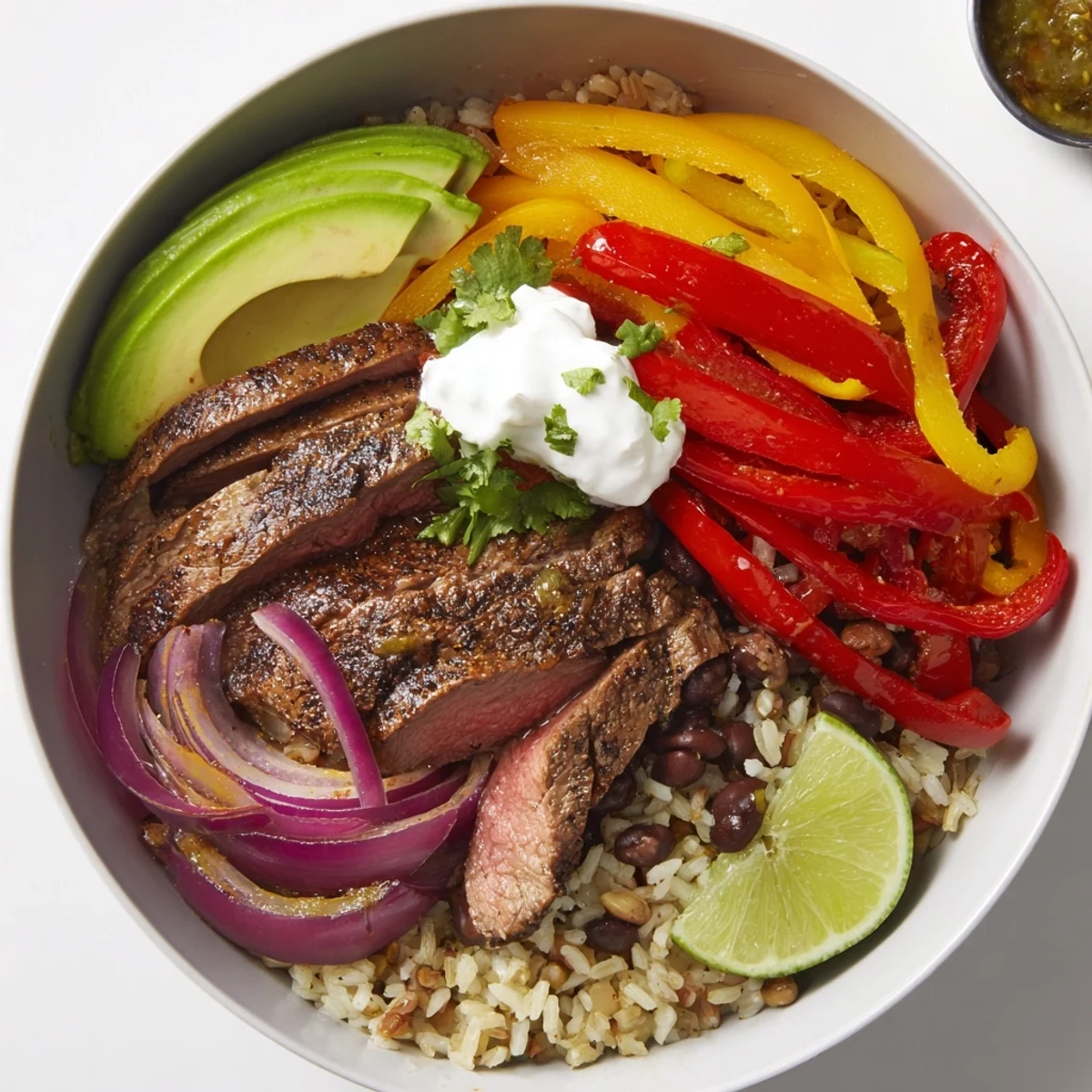 Bright Steak Fajita Power Bowls topped with creamy avocado and cilantro