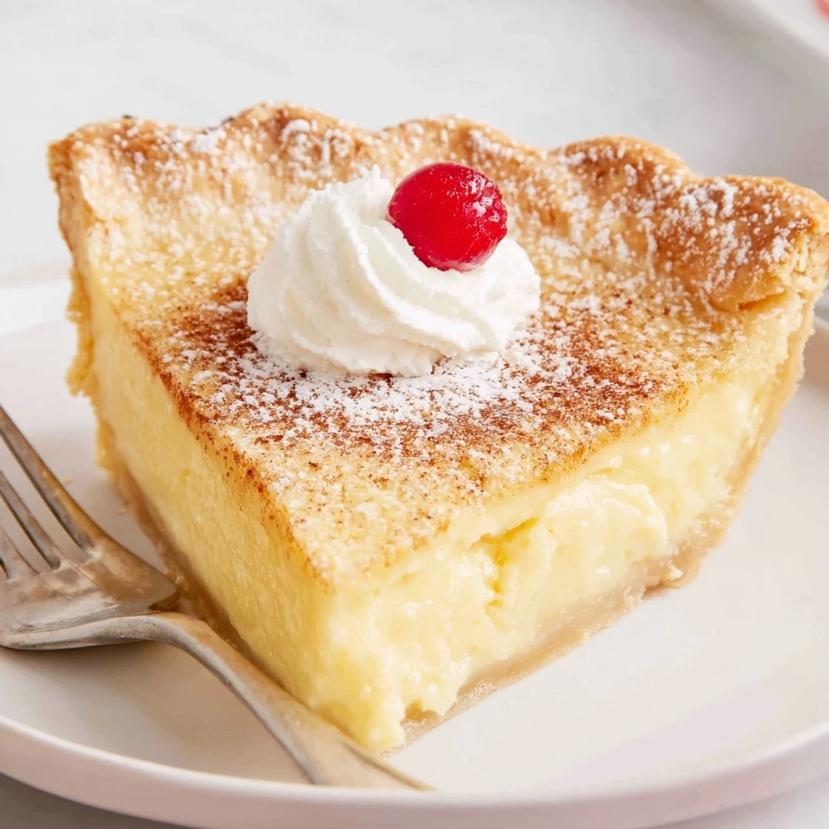 Christmas Eve Custard Pie With Cinnamon Vanilla, creamy golden slice dusted with powdered sugar.