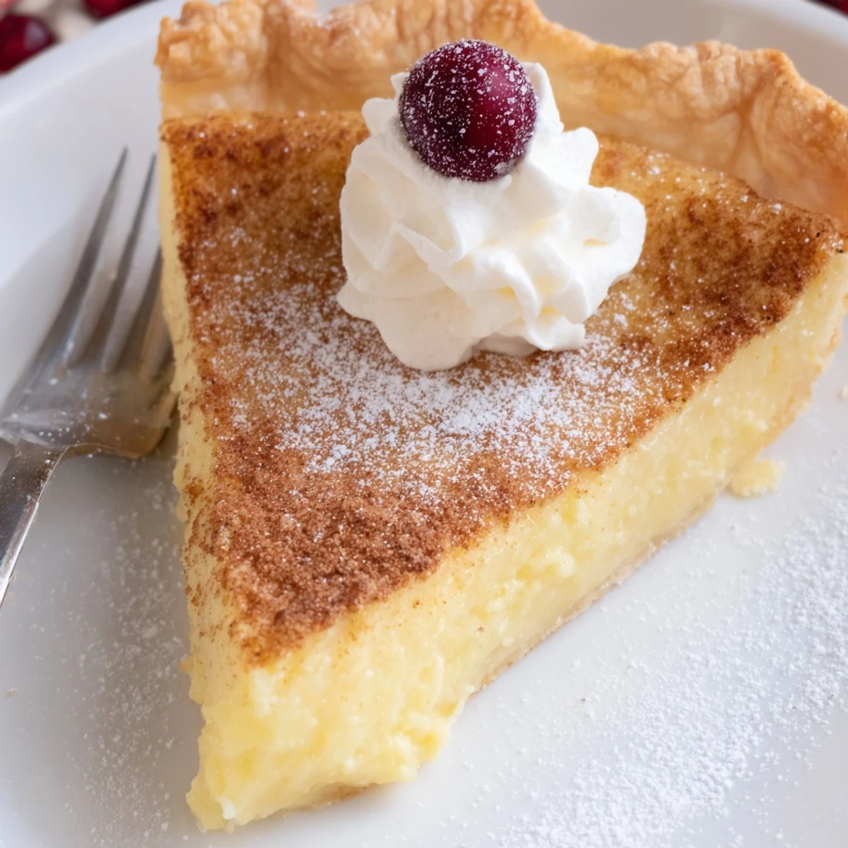 Close-up slice of Christmas Eve Custard Pie With Cinnamon Vanilla garnished with sugared cranberries.