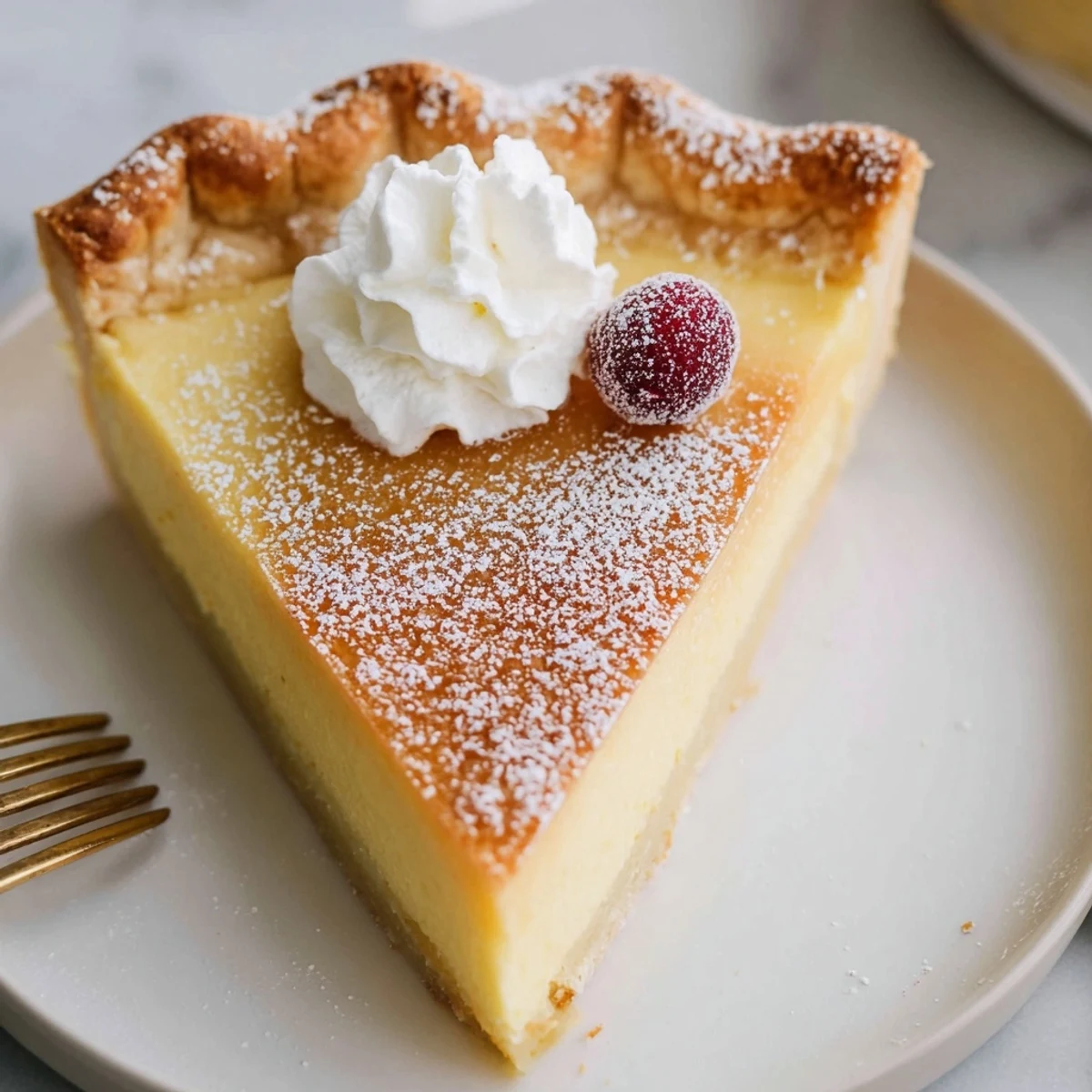 A creamy wedge of Christmas Eve Custard Pie With Cinnamon Vanilla cooling.