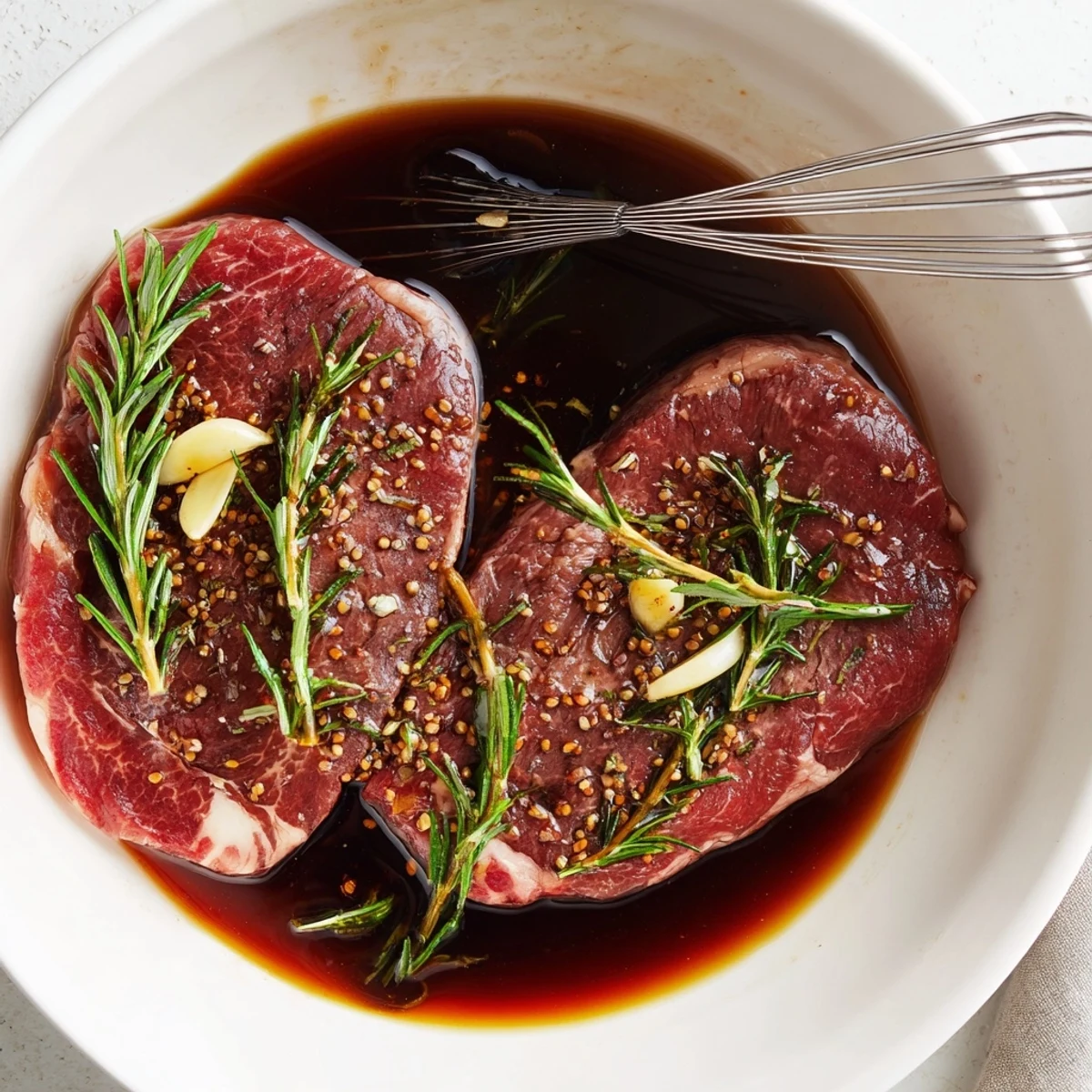 Steak Marinade glistening on raw steaks, garlic and rosemary aromas ready to grill